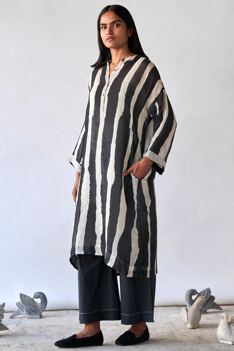 Black and Tofu Stripe Linen Co-ord Set