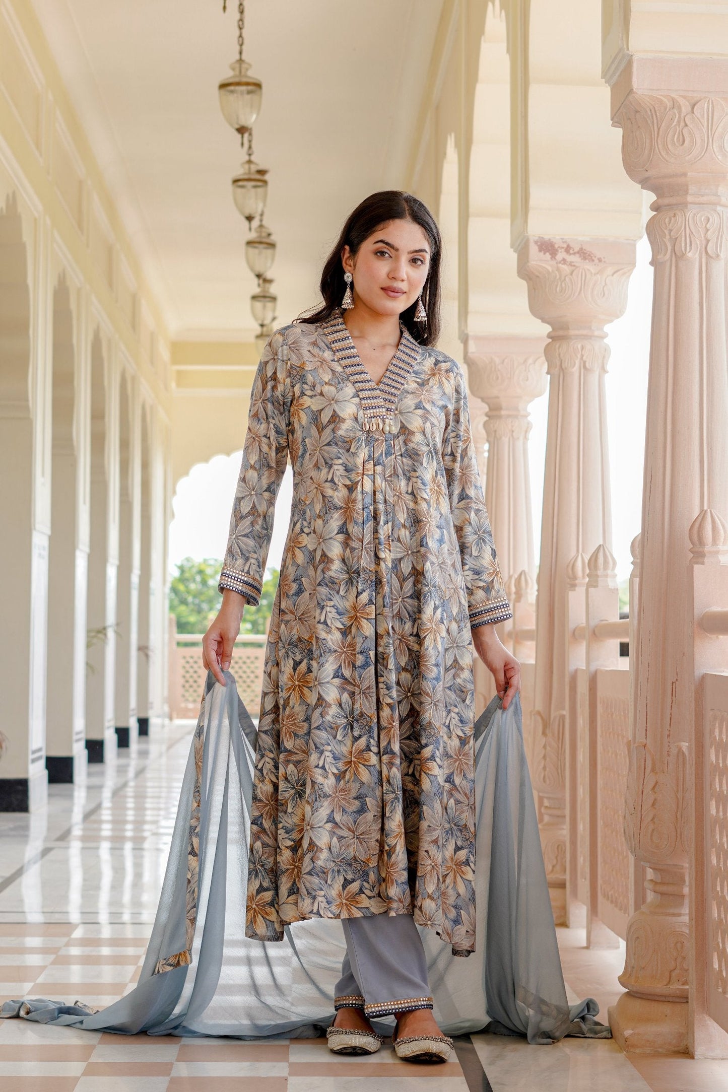 EMBROIDERED V-NECK PRINTED  A-LINE KURTA SET