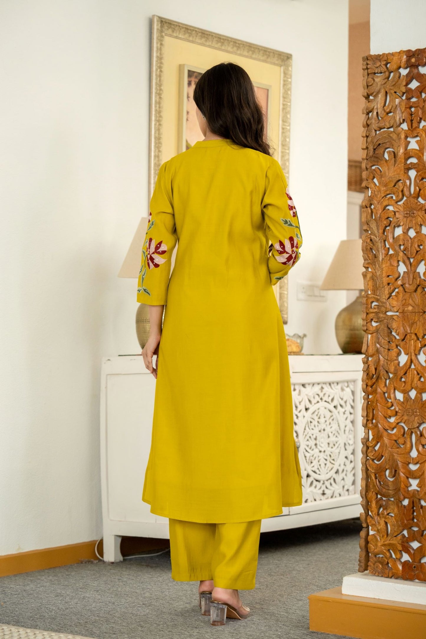 MUSTARD  FLORAL  EMBROIDERED MANDARIN COLLAR CO-ORD SET