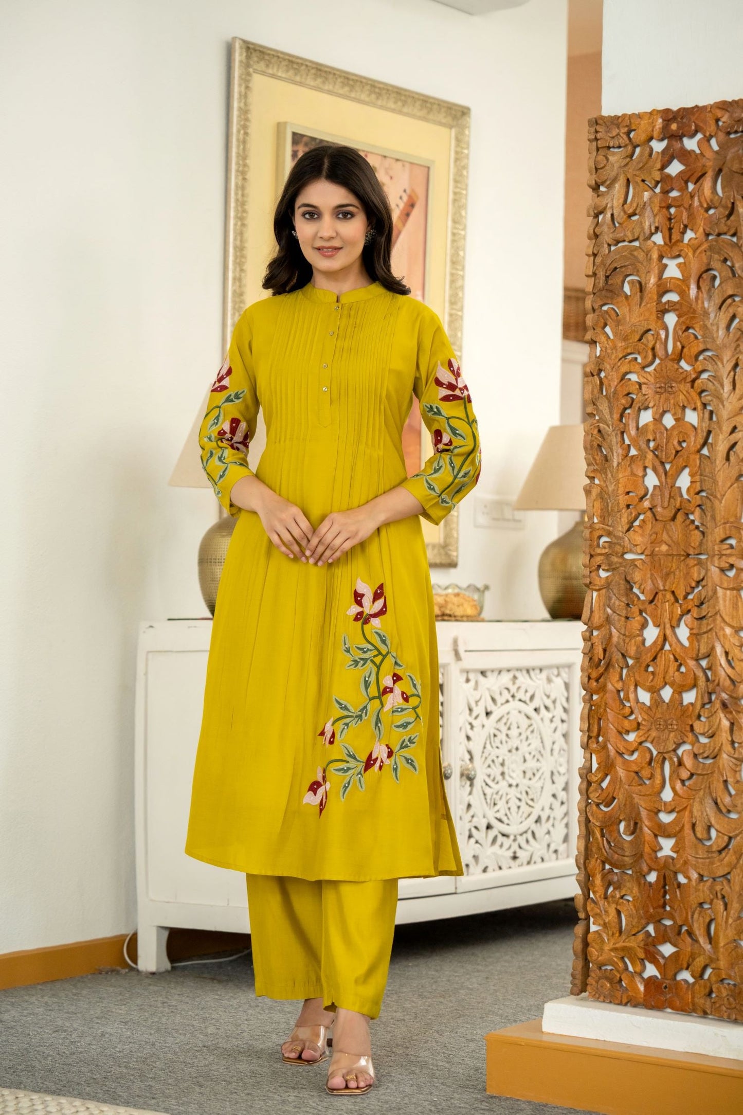 MUSTARD  FLORAL  EMBROIDERED MANDARIN COLLAR CO-ORD SET