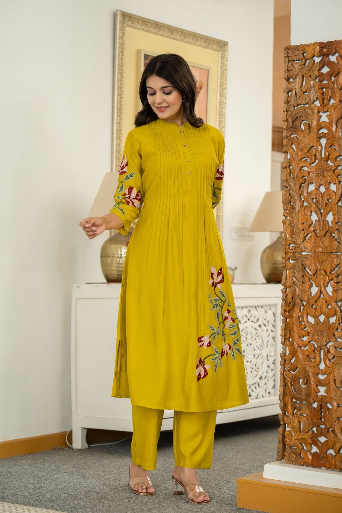 MUSTARD  FLORAL  EMBROIDERED MANDARIN COLLAR CO-ORD SET