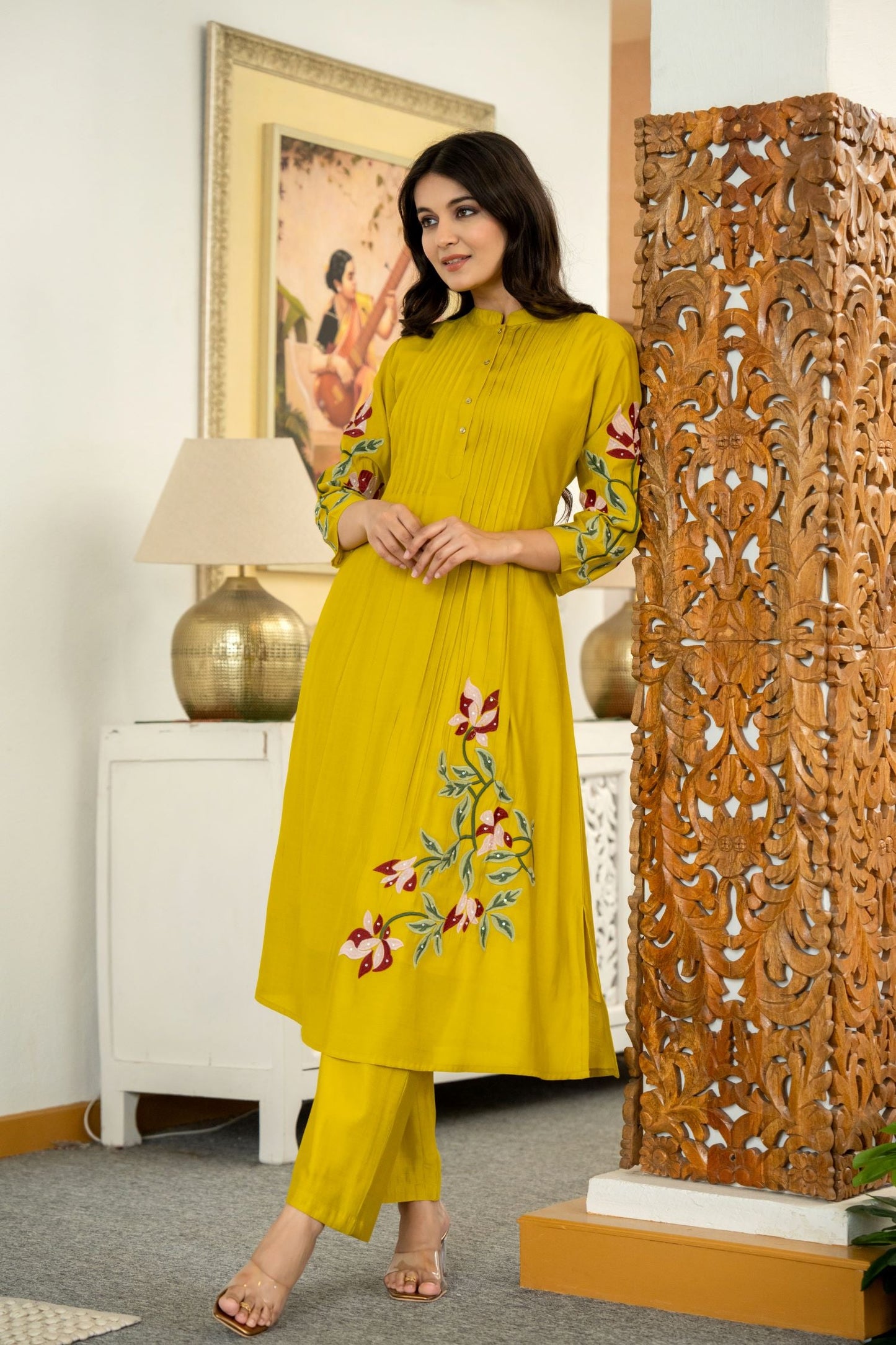 MUSTARD  FLORAL  EMBROIDERED MANDARIN COLLAR CO-ORD SET