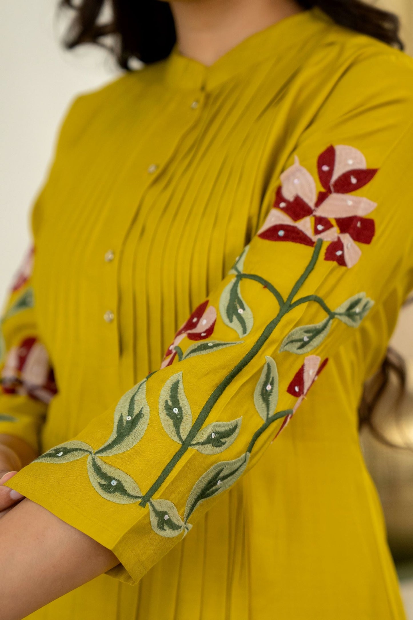 MUSTARD  FLORAL  EMBROIDERED MANDARIN COLLAR CO-ORD SET