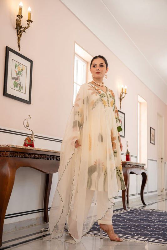 OFF-WHITE FLORAL EMBROIDERED STRAIGHT KURTA SUIT WITH DUPATTA