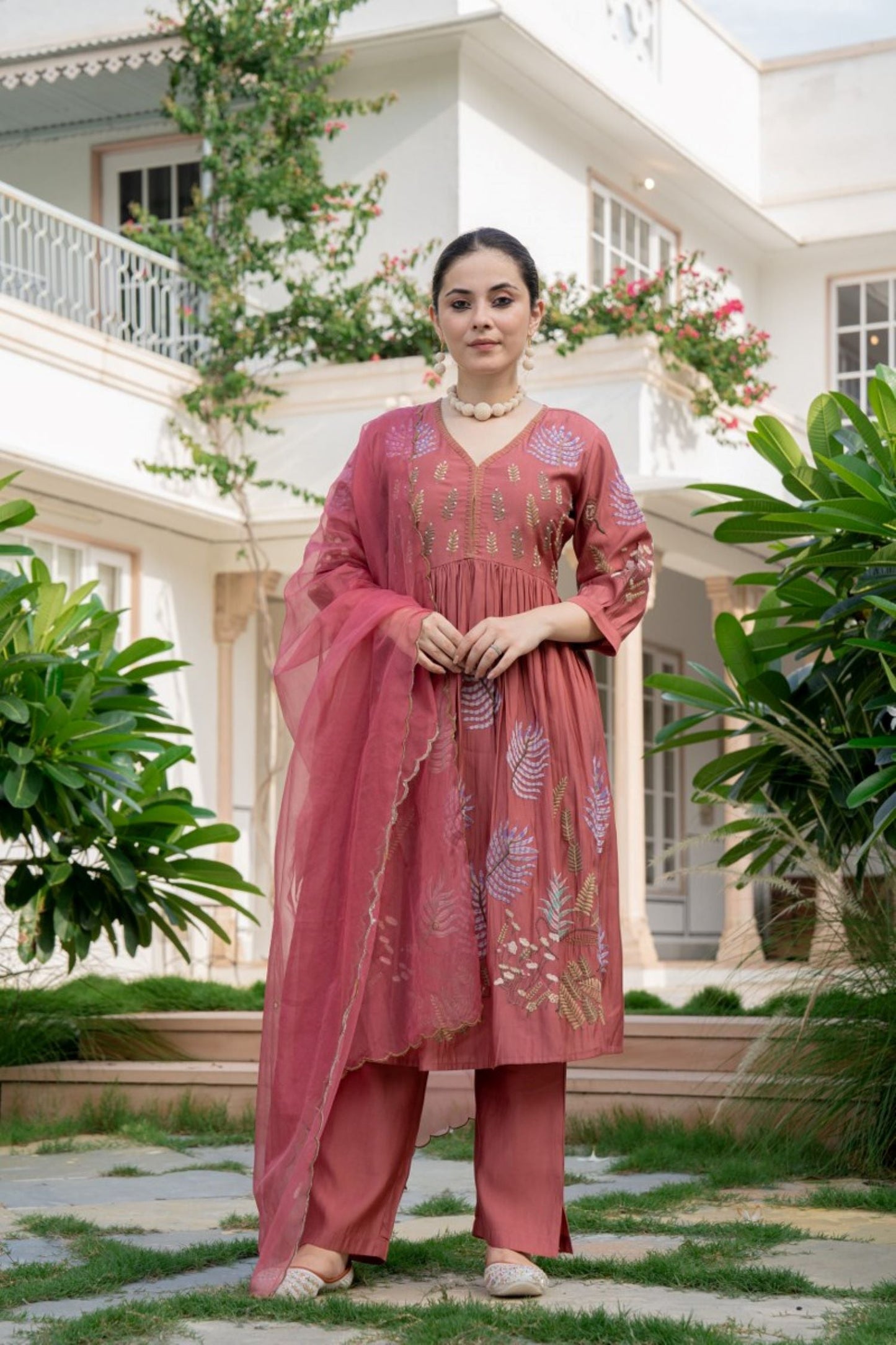 ROSE PINK FLORAL EMBROIDERED STRAIGHT KURTA SUIT WITH DUPATTA