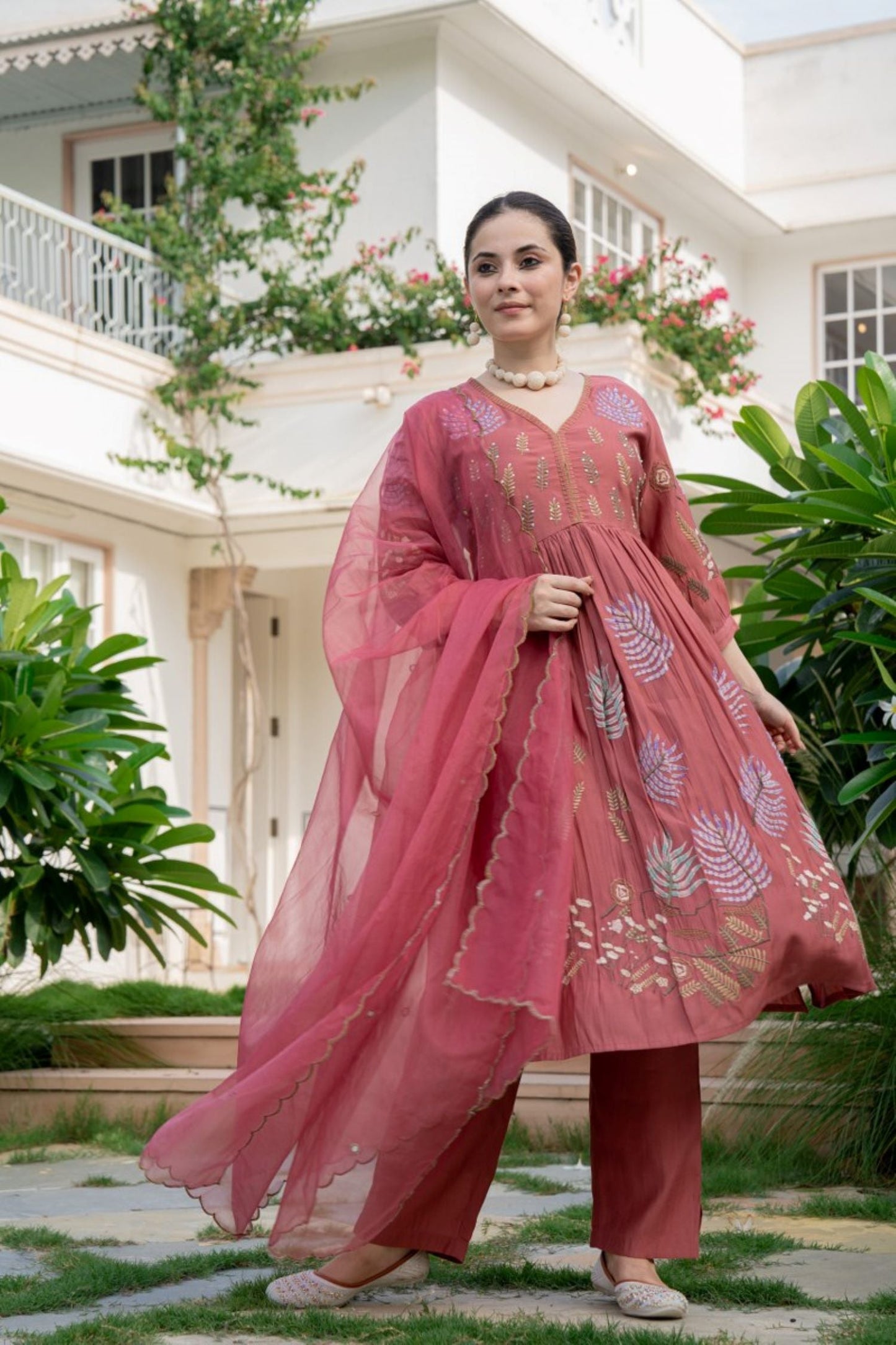 ROSE PINK FLORAL EMBROIDERED STRAIGHT KURTA SUIT WITH DUPATTA