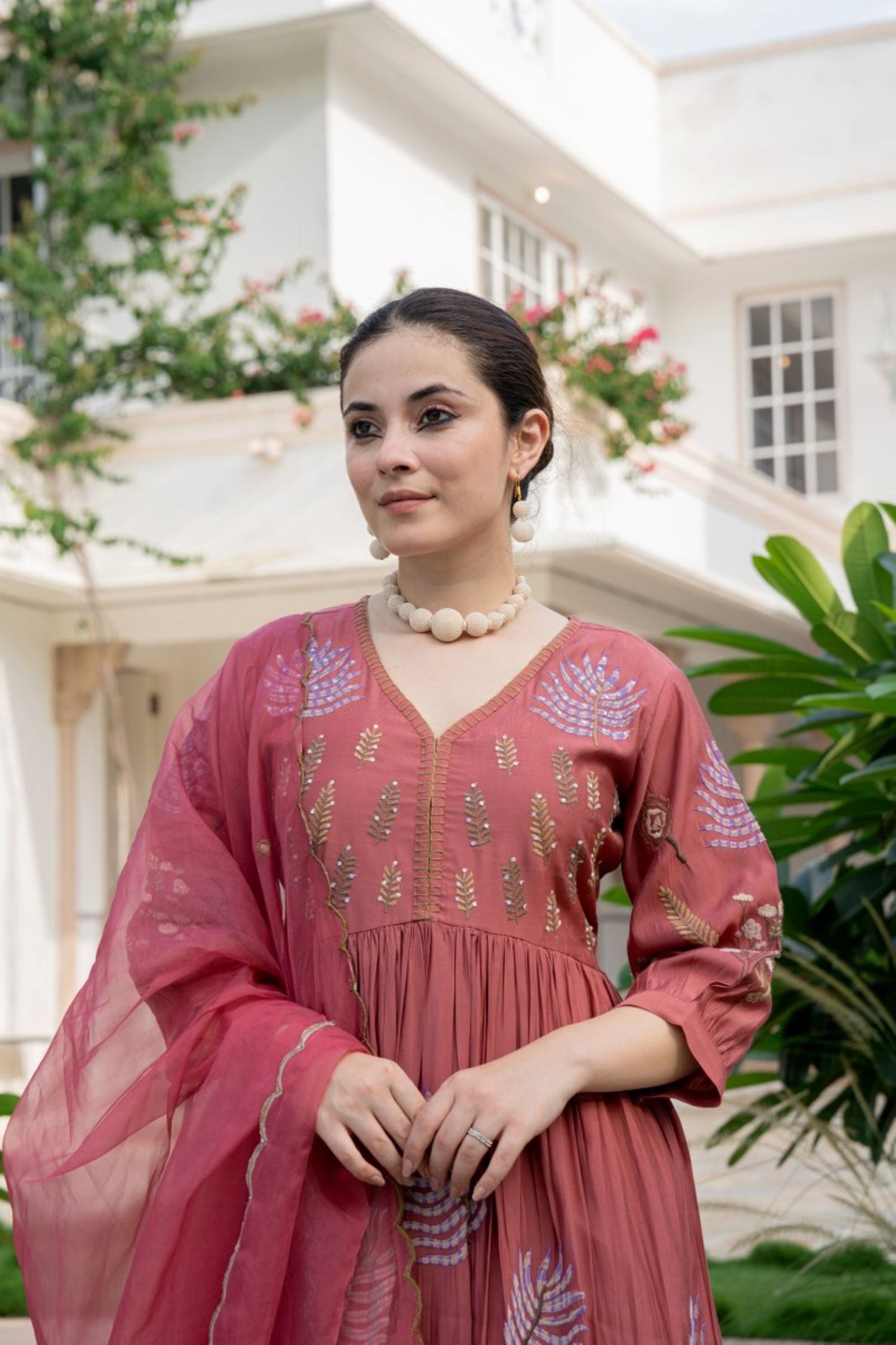 ROSE PINK FLORAL EMBROIDERED STRAIGHT KURTA SUIT WITH DUPATTA