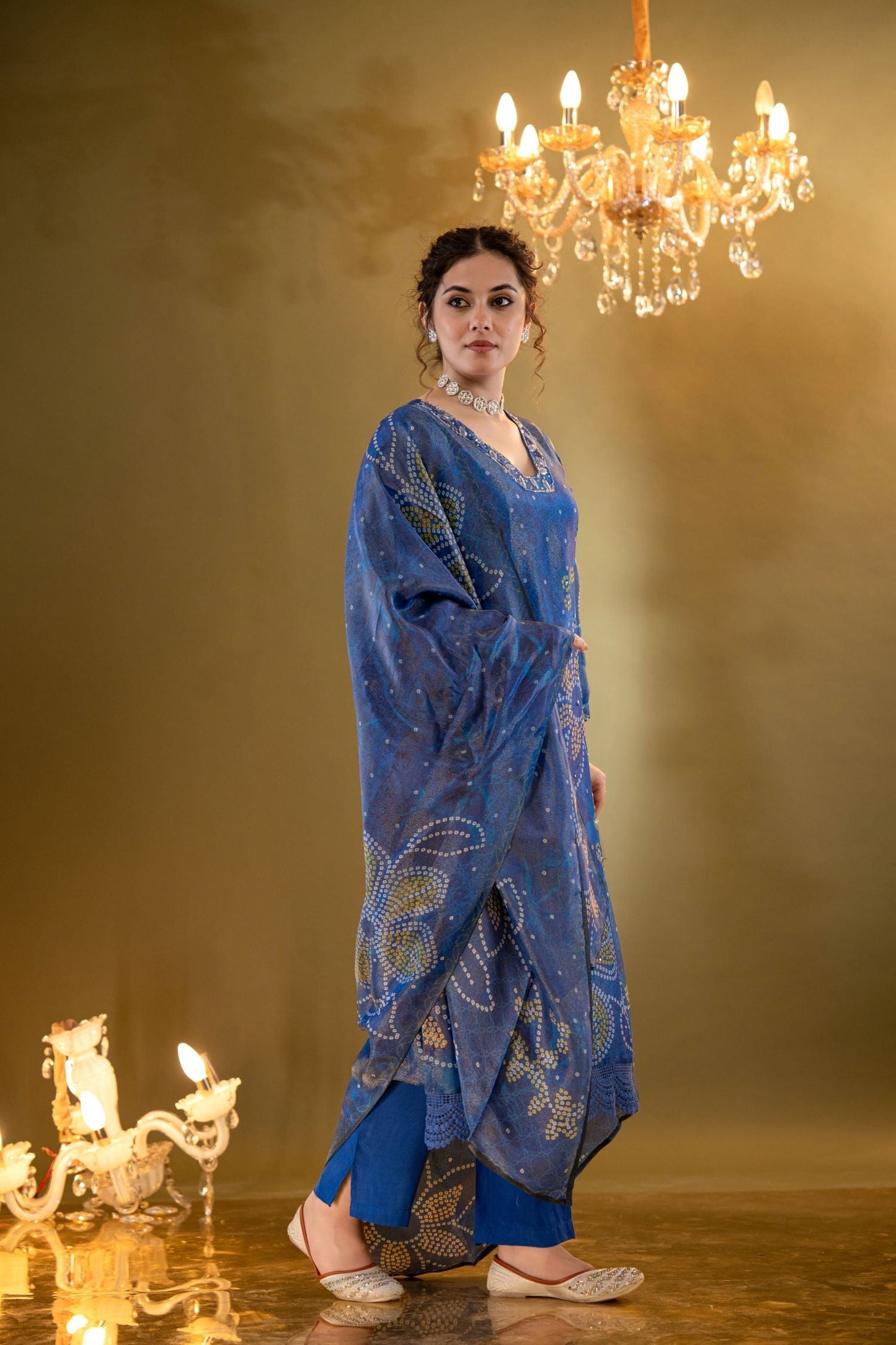 Elegant A-Line Kurta Set With Embroidered neck And Floral Bandhani Print - Blue