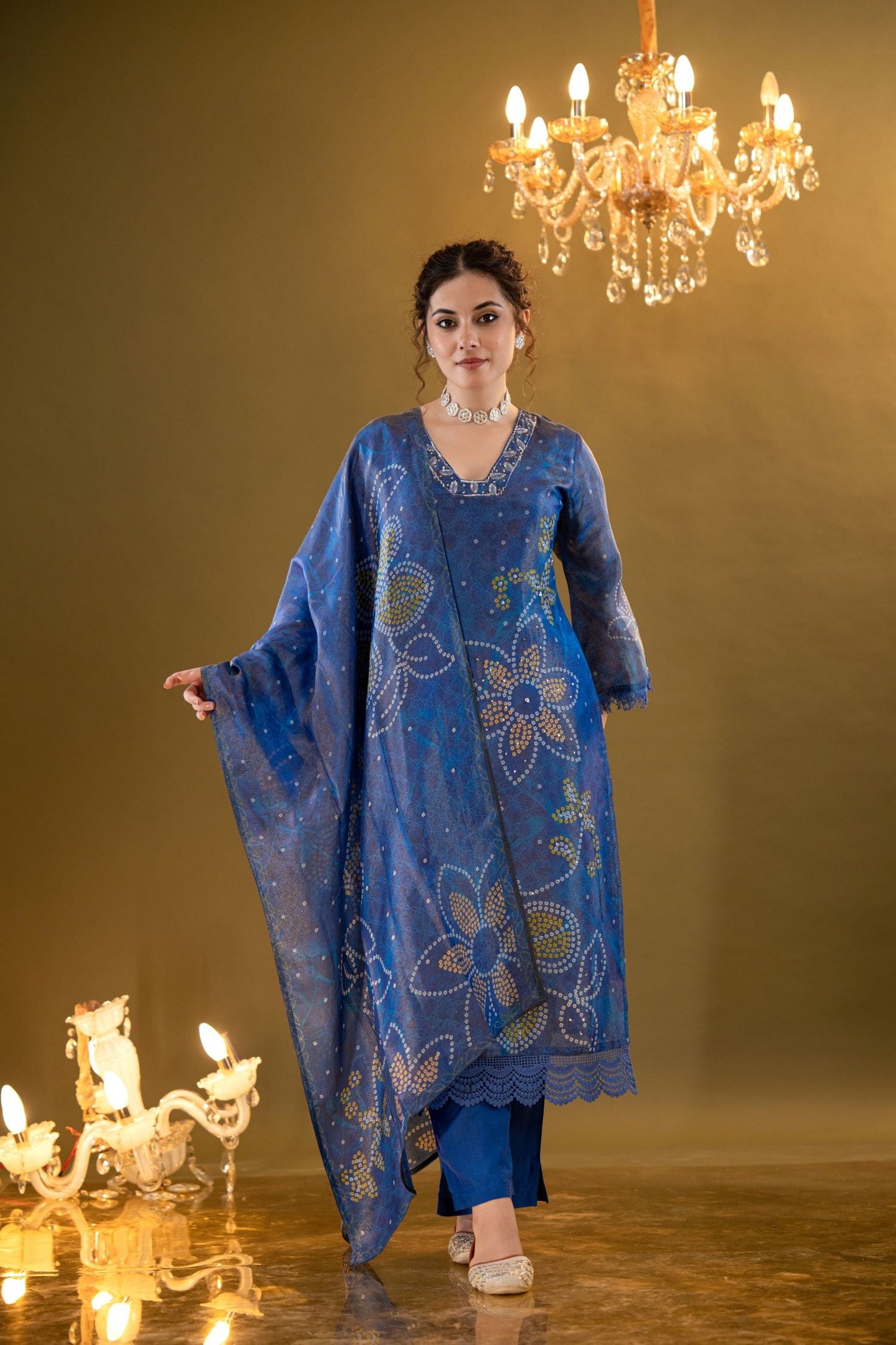 Elegant A-Line Kurta Set With Embroidered neck And Floral Bandhani Print - Blue