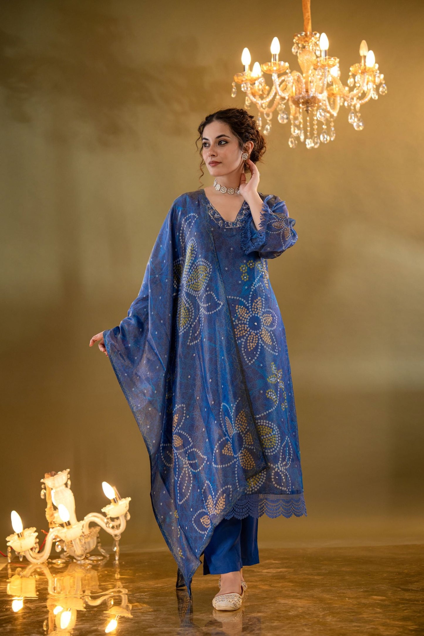 Elegant A-Line Kurta Set With Embroidered neck And Floral Bandhani Print - Blue