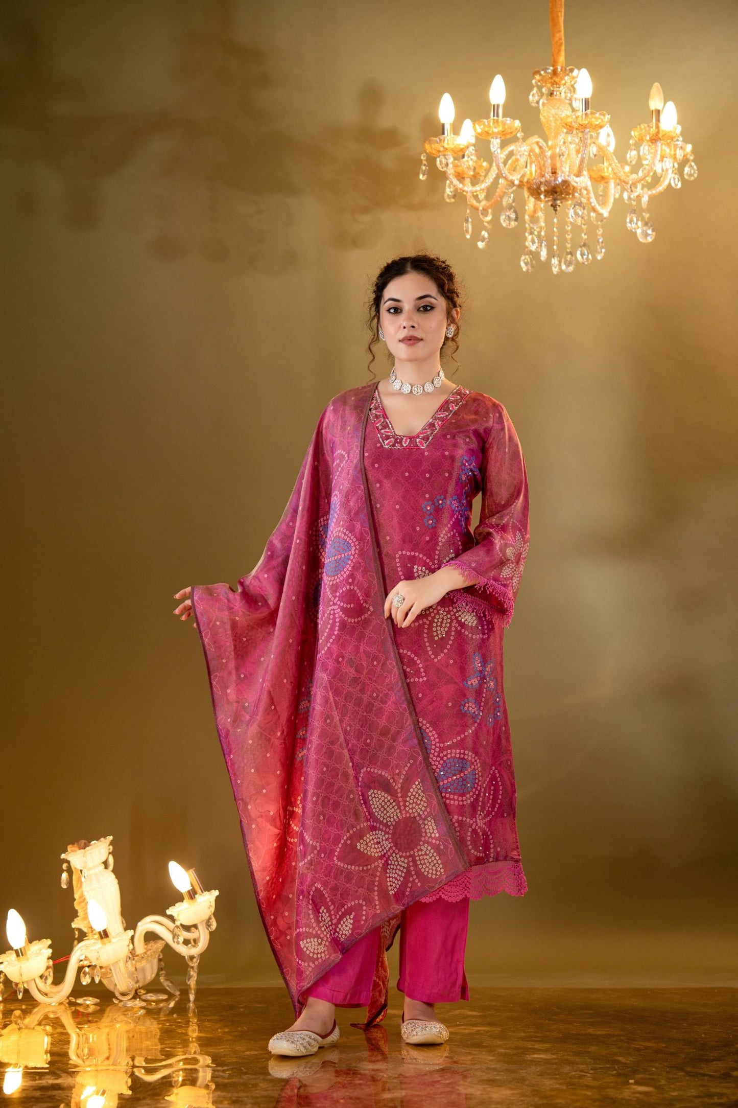 Elegant Red A-Line Kurta Set With Embroidered neck And Floral Bandhani Print