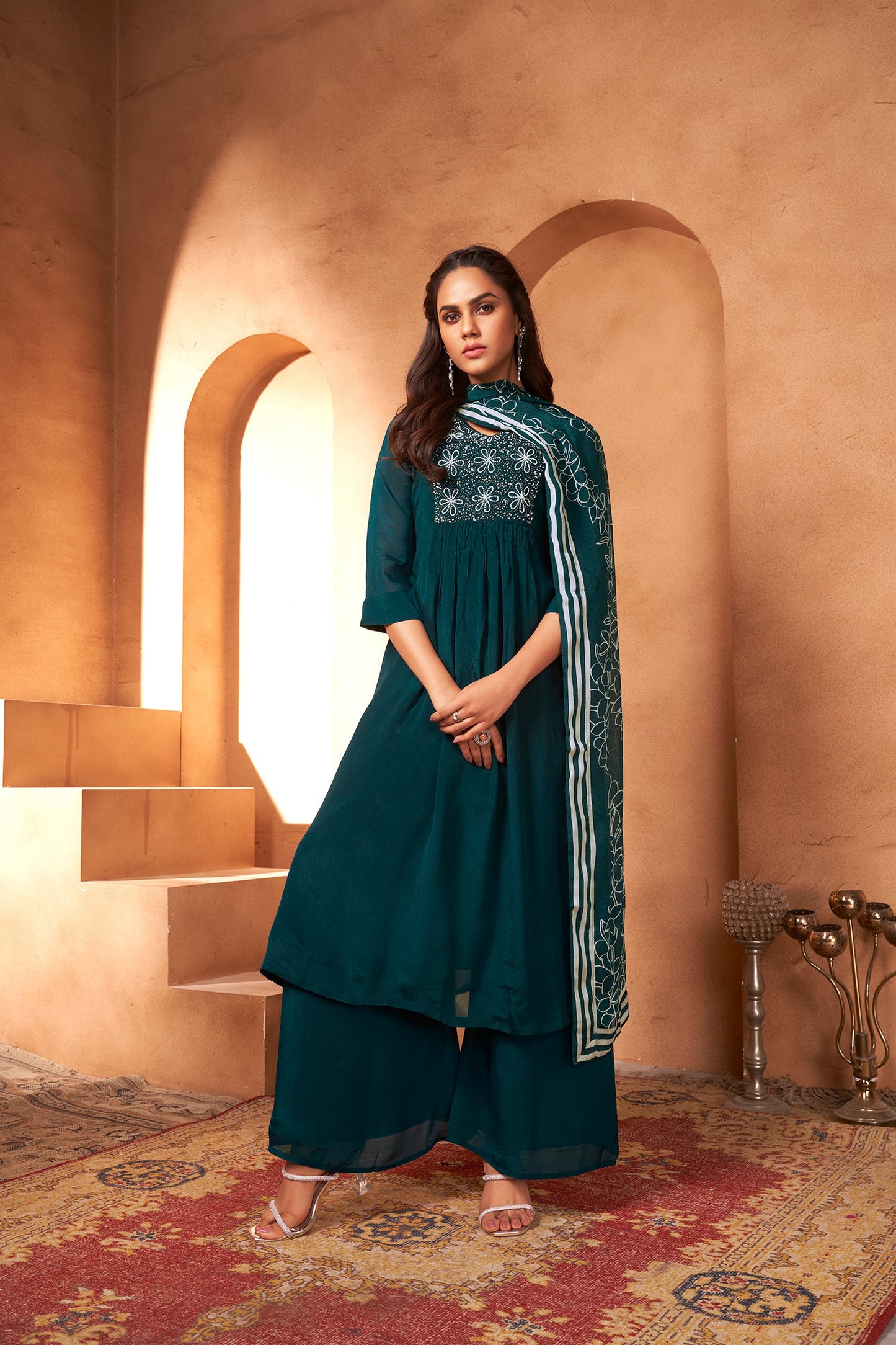 Teal Blue Three-Piece Set in Rich Chinon Fabric with Elegant Embroidery