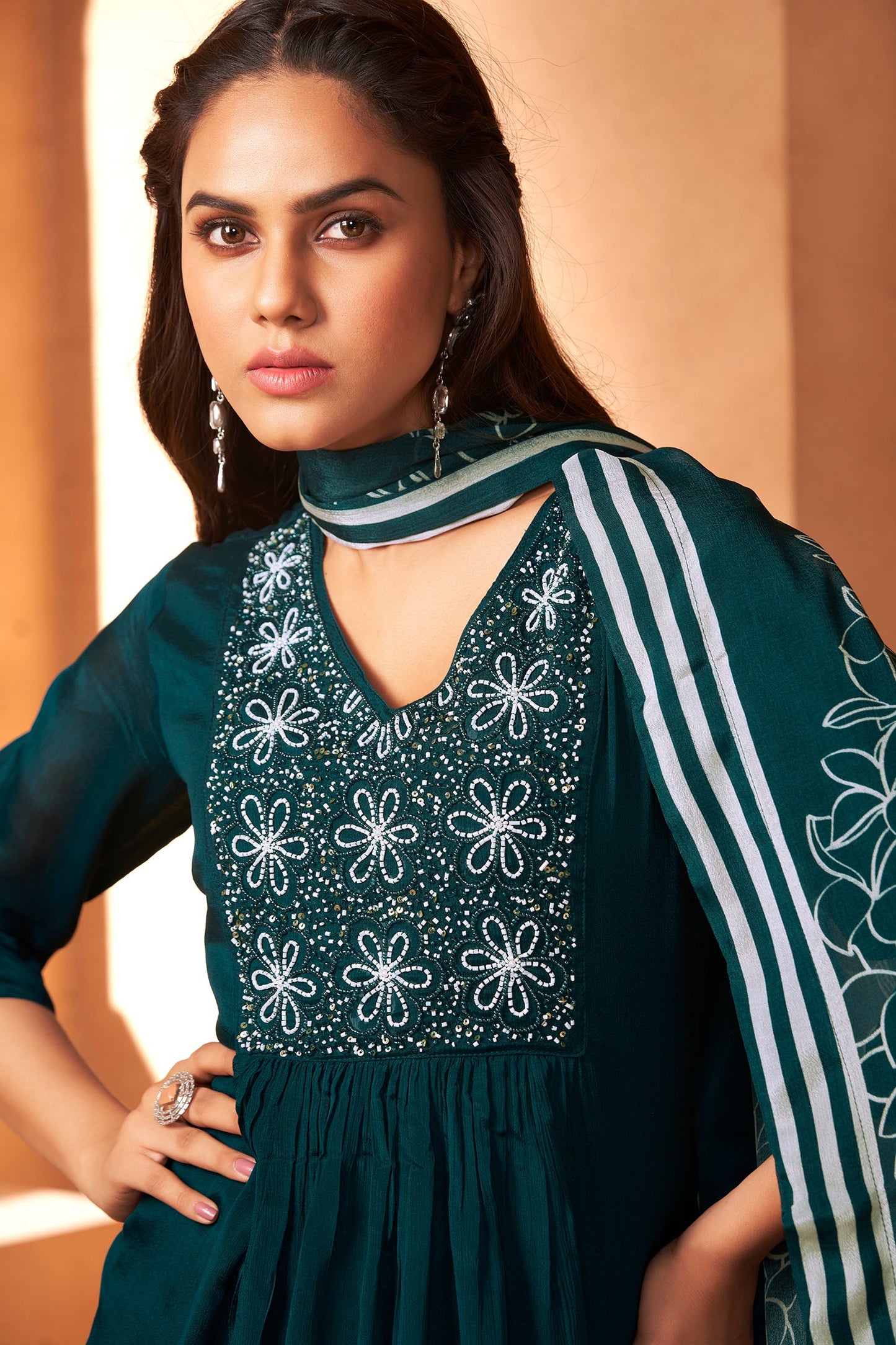 Teal Blue Three-Piece Set in Rich Chinon Fabric with Elegant Embroidery