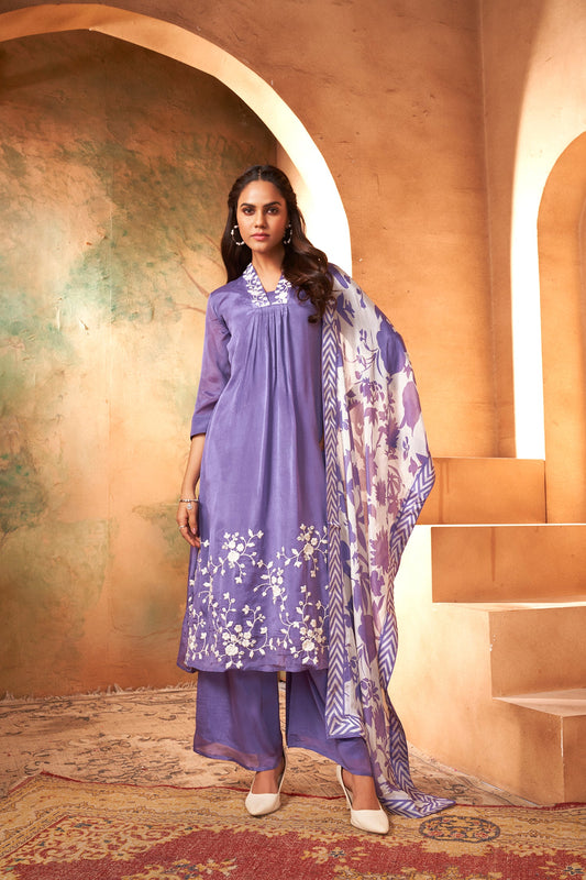 Purple Three-Piece Set in Rich Chinon Fabric with Beautiful Embroidery