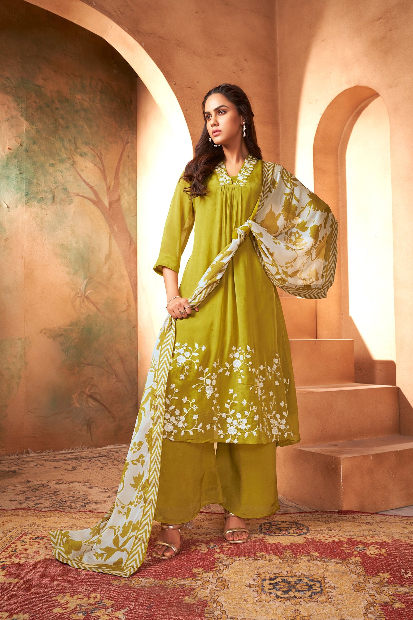 Elegant Three-Piece Ensemble in Luxe Chinon Fabric with Exquisite Embroidery