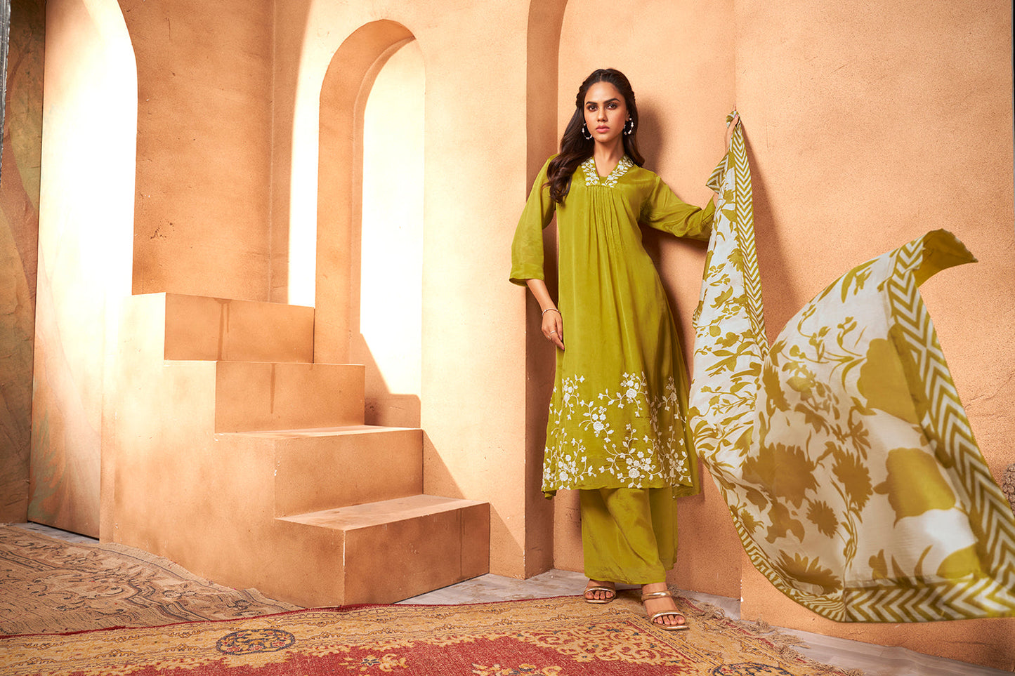 Elegant Three-Piece Ensemble in Luxe Chinon Fabric with Exquisite Embroidery