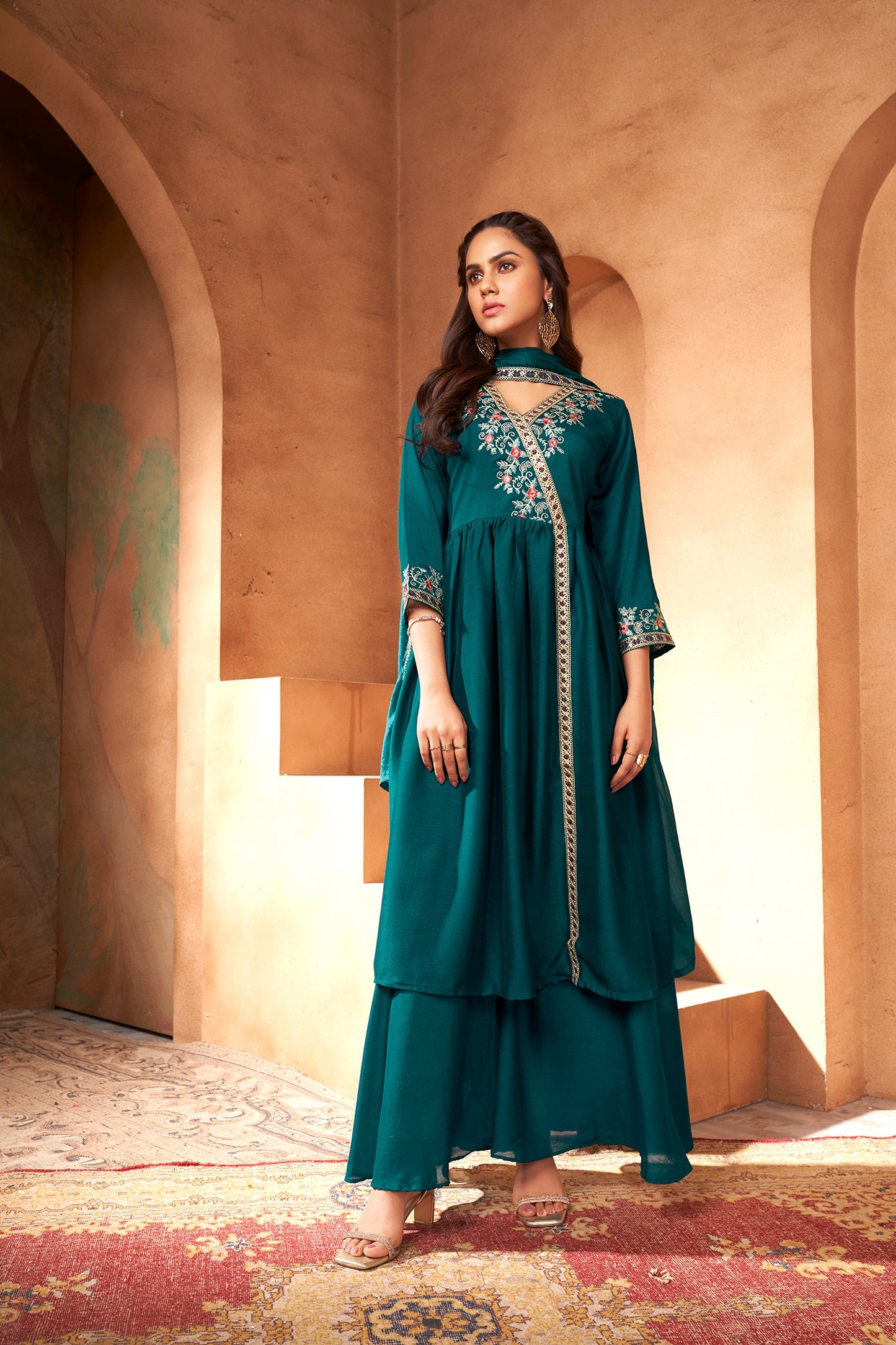 TEAL BLUE EMBROIDERED THREE- PIECE KURTA SET IN CHINON FABRIC