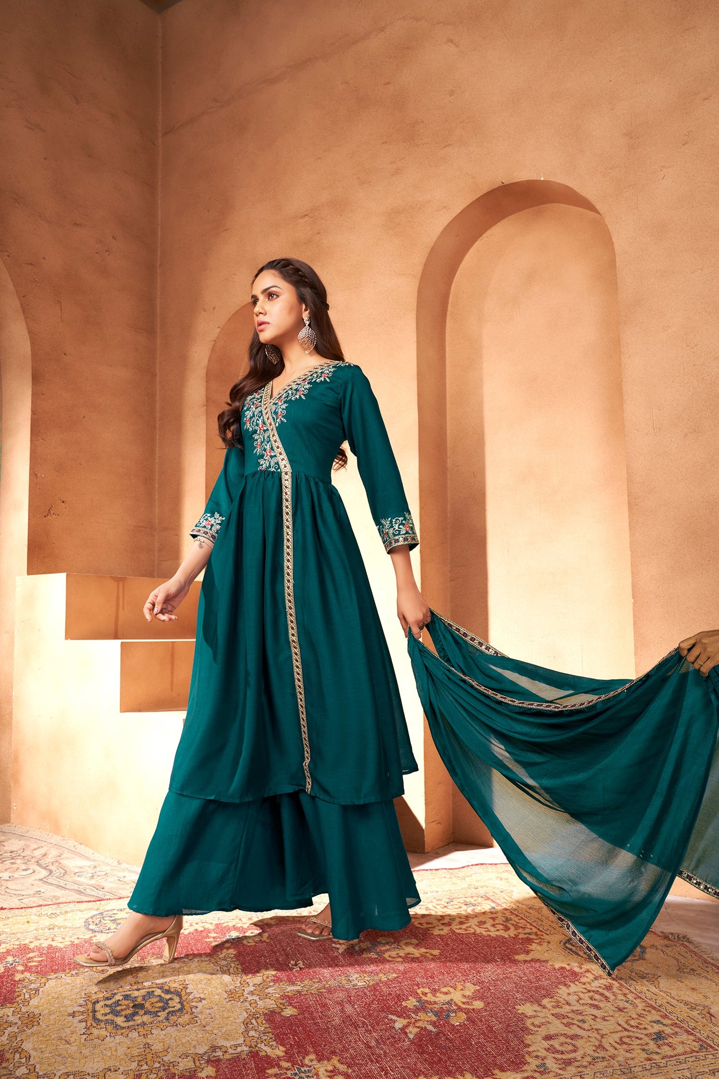 TEAL BLUE EMBROIDERED THREE- PIECE KURTA SET IN CHINON FABRIC