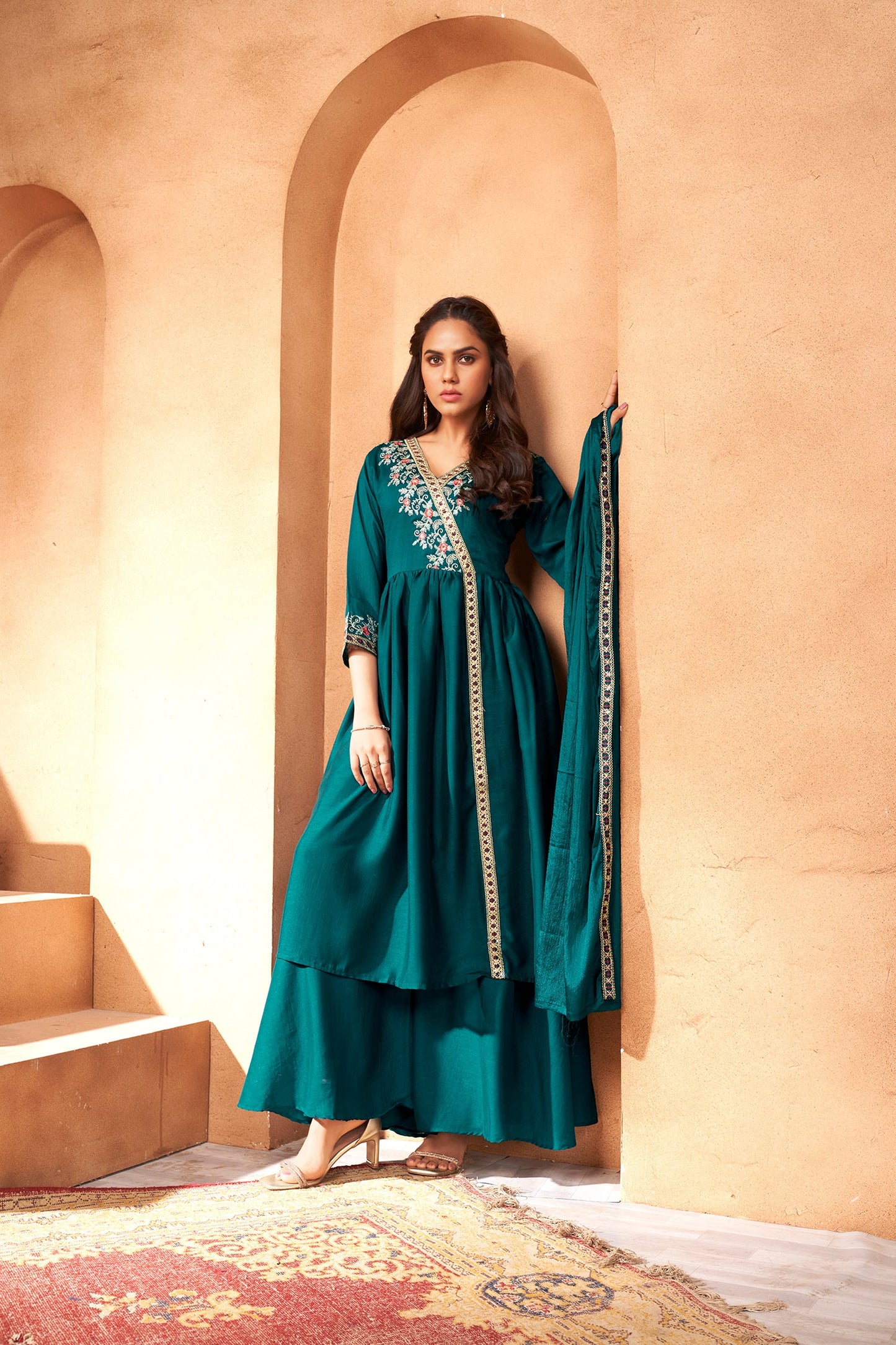 TEAL BLUE EMBROIDERED THREE- PIECE KURTA SET IN CHINON FABRIC