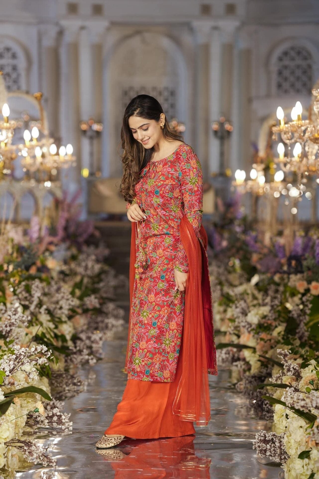 Dhara orange heavy kurta-palazzo set