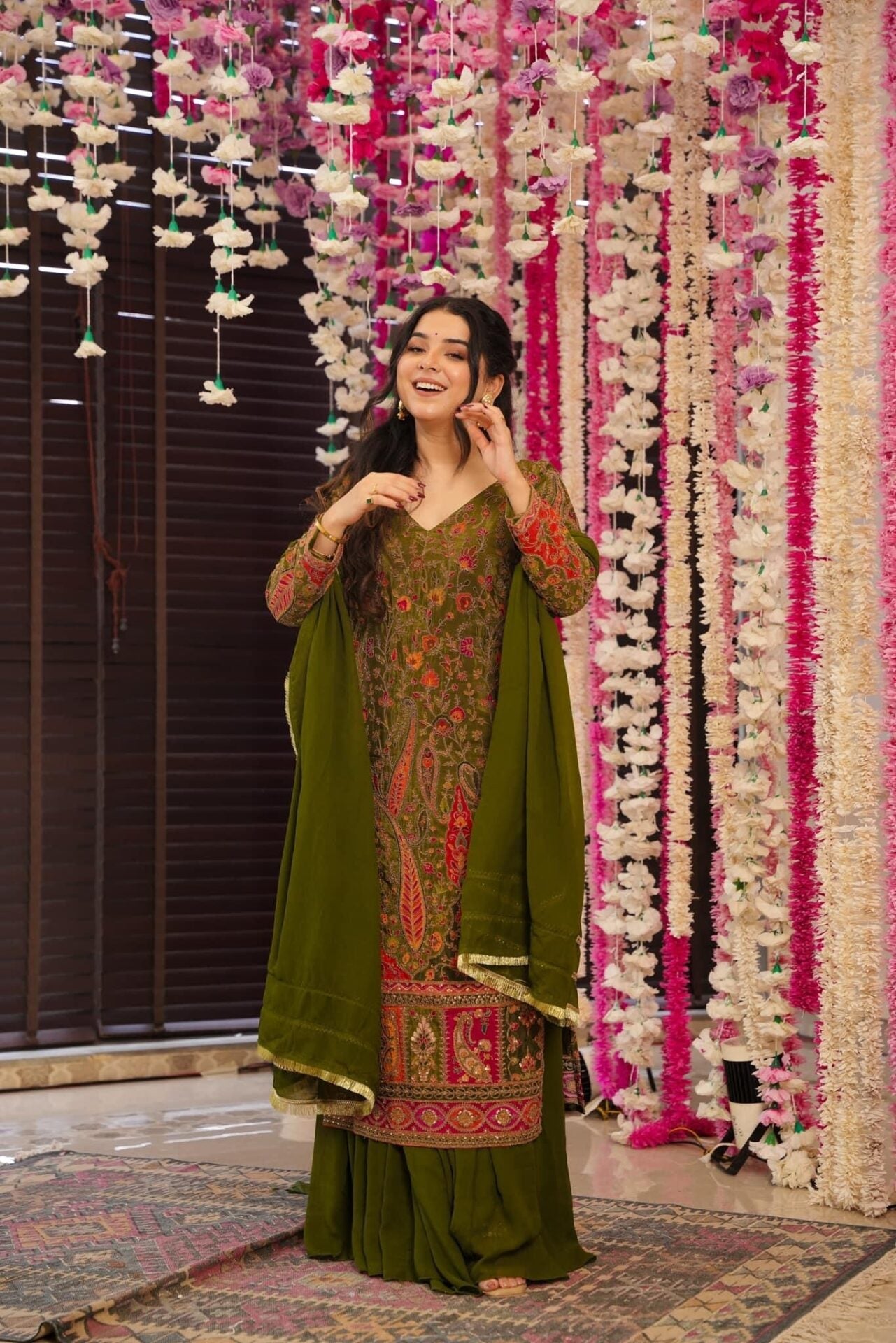 Sleek green heavy embroidered suit set