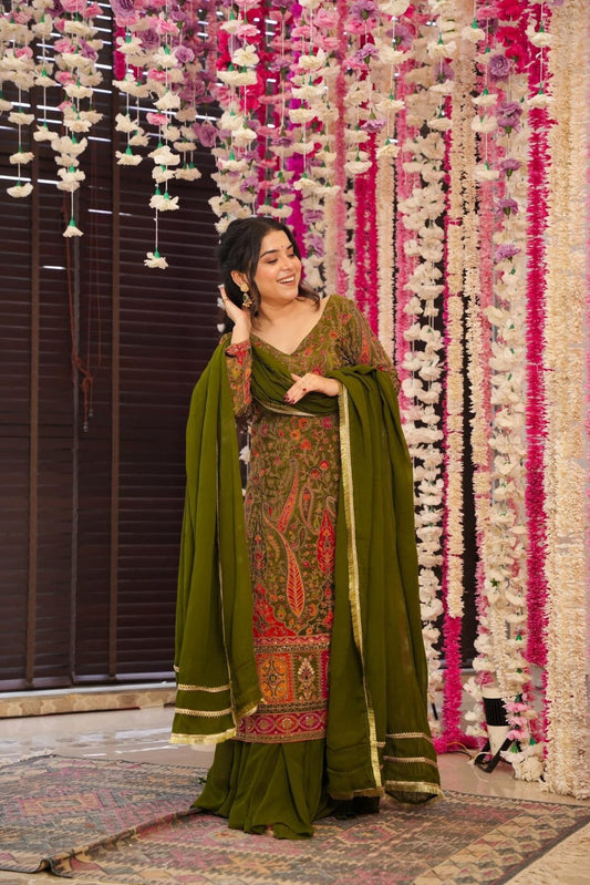 Sleek green heavy embroidered suit set