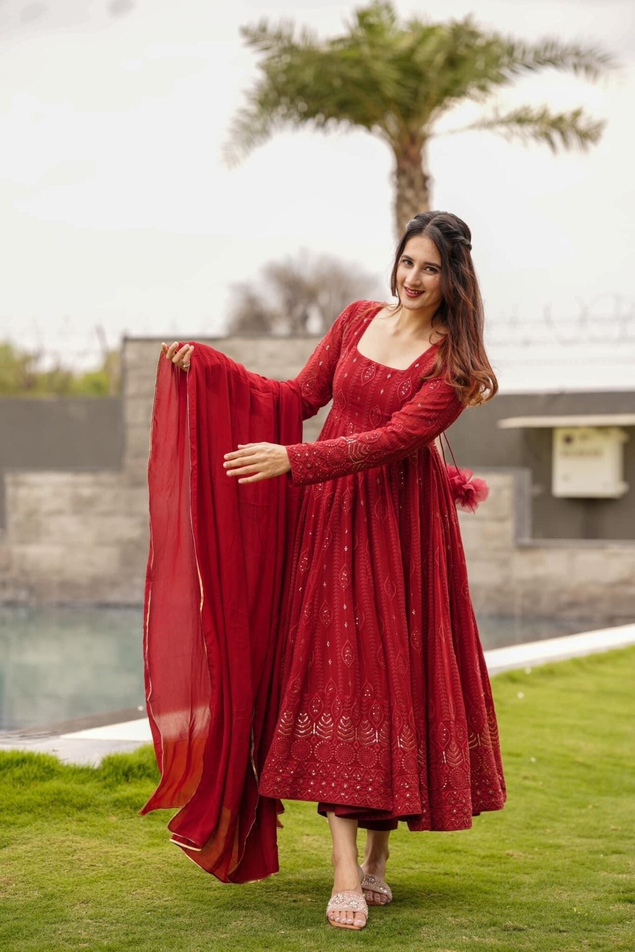 maroon embroidered georgette suit set