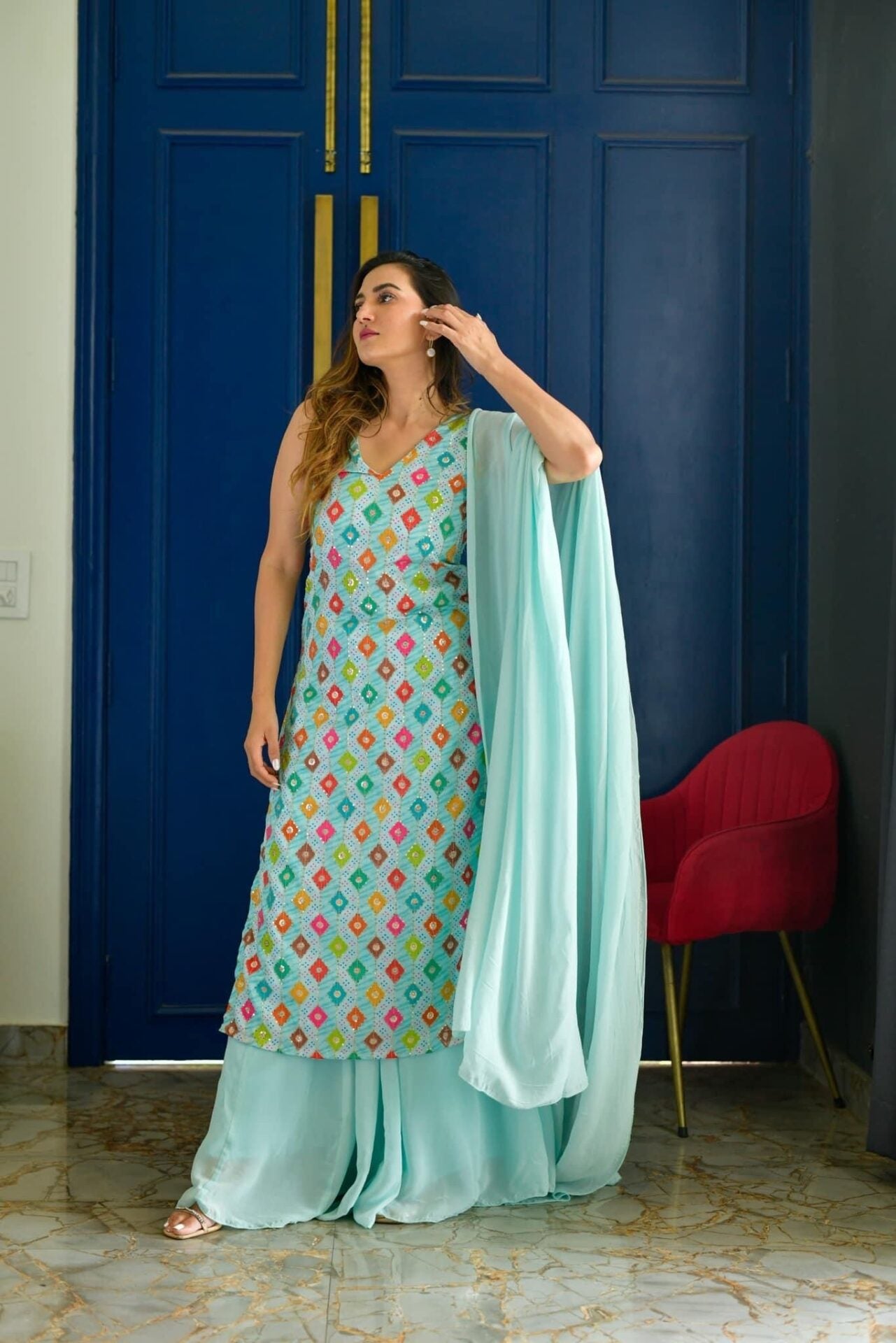 LIGHT BLUE EMBROIDERED KURTA PALAZZO SET