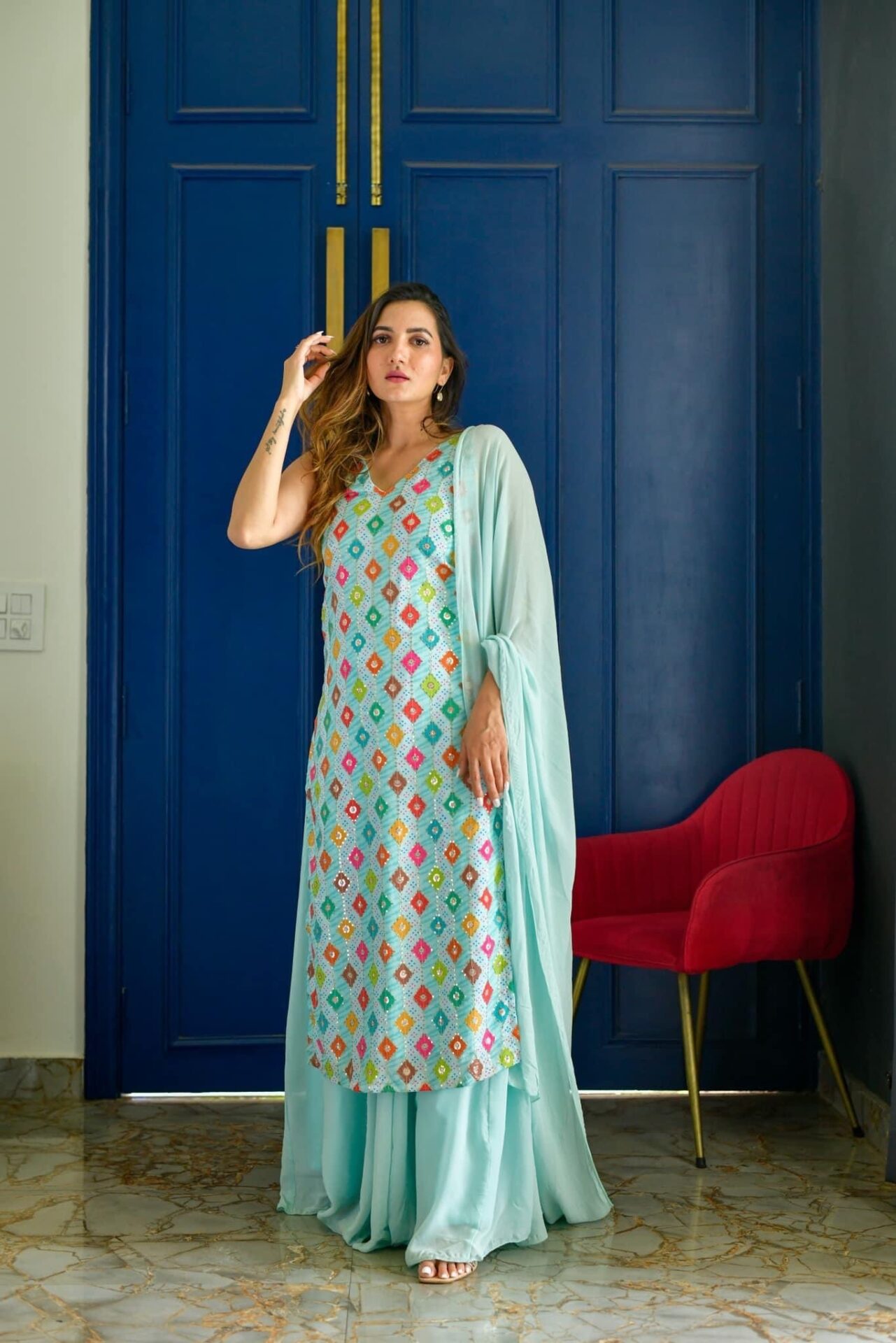 LIGHT BLUE EMBROIDERED KURTA PALAZZO SET