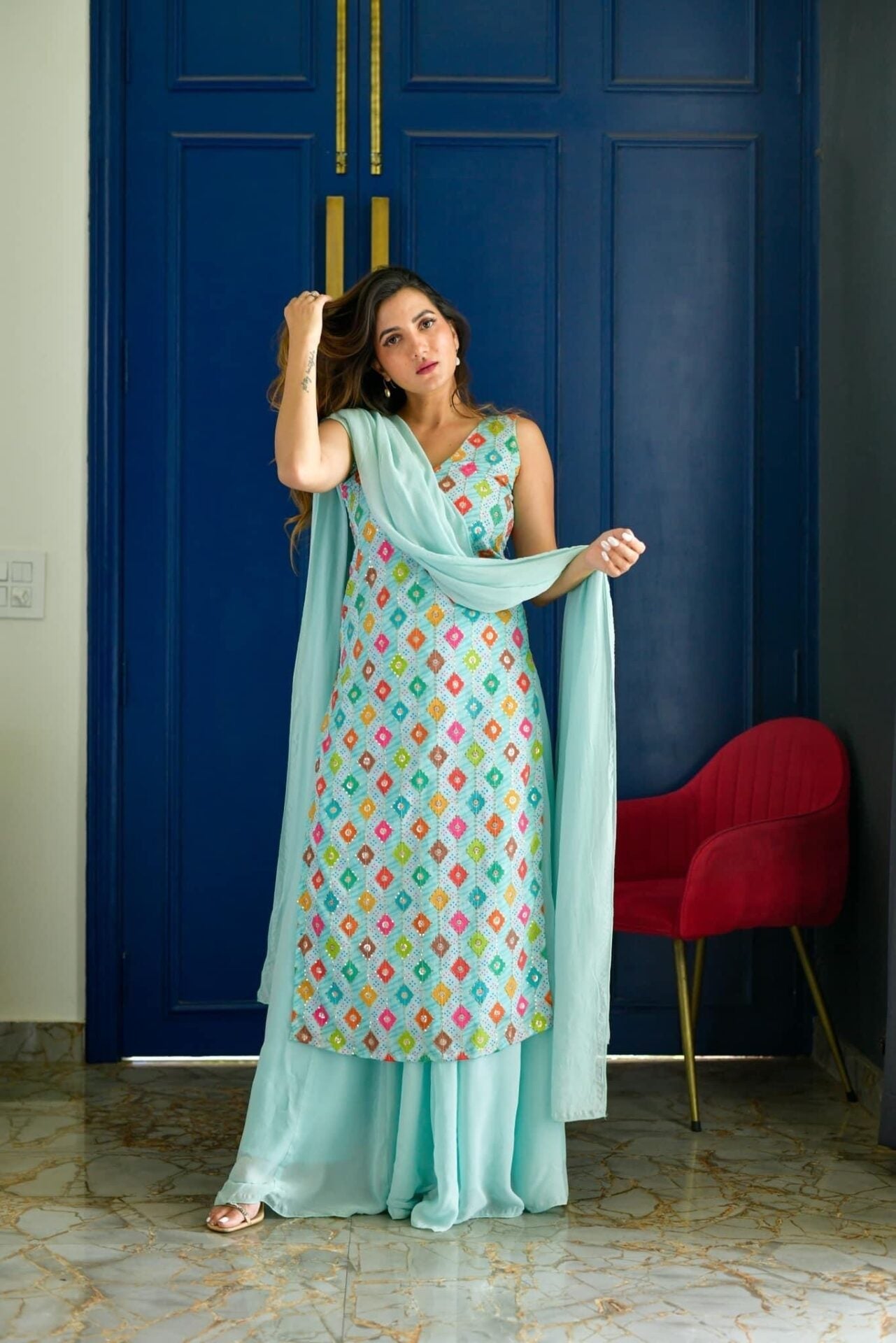 LIGHT BLUE EMBROIDERED KURTA PALAZZO SET