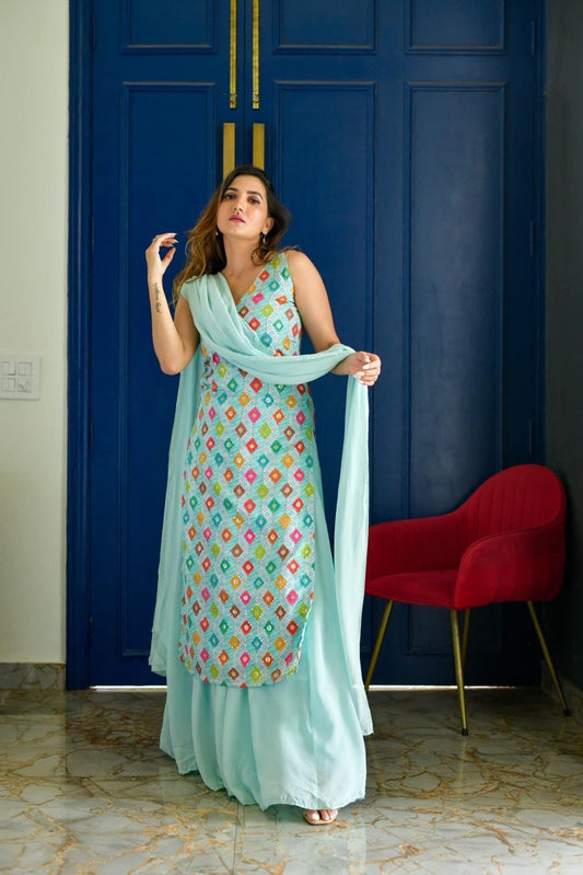 LIGHT BLUE EMBROIDERED KURTA PALAZZO SET