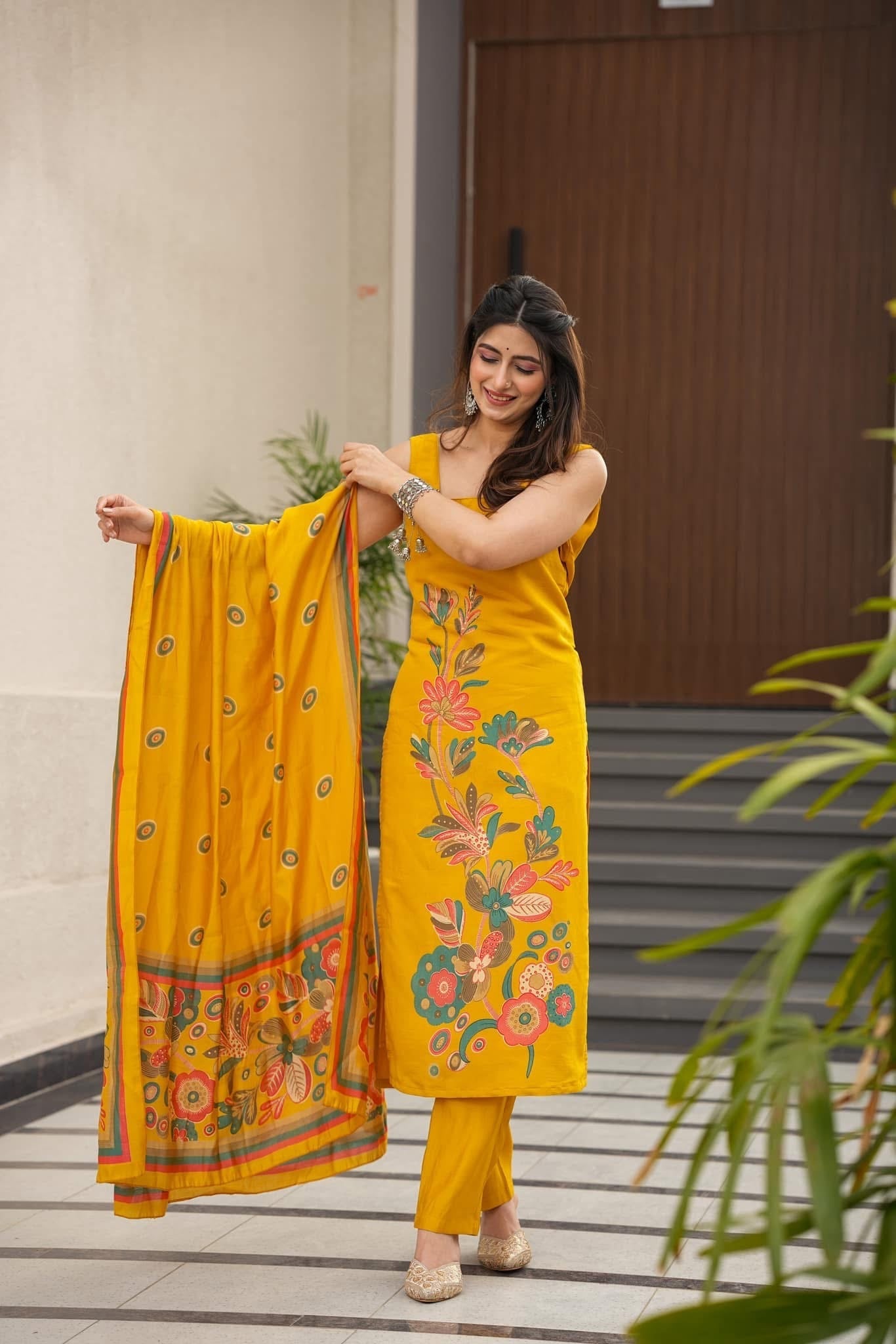 Paakhi yellow muslin suit set