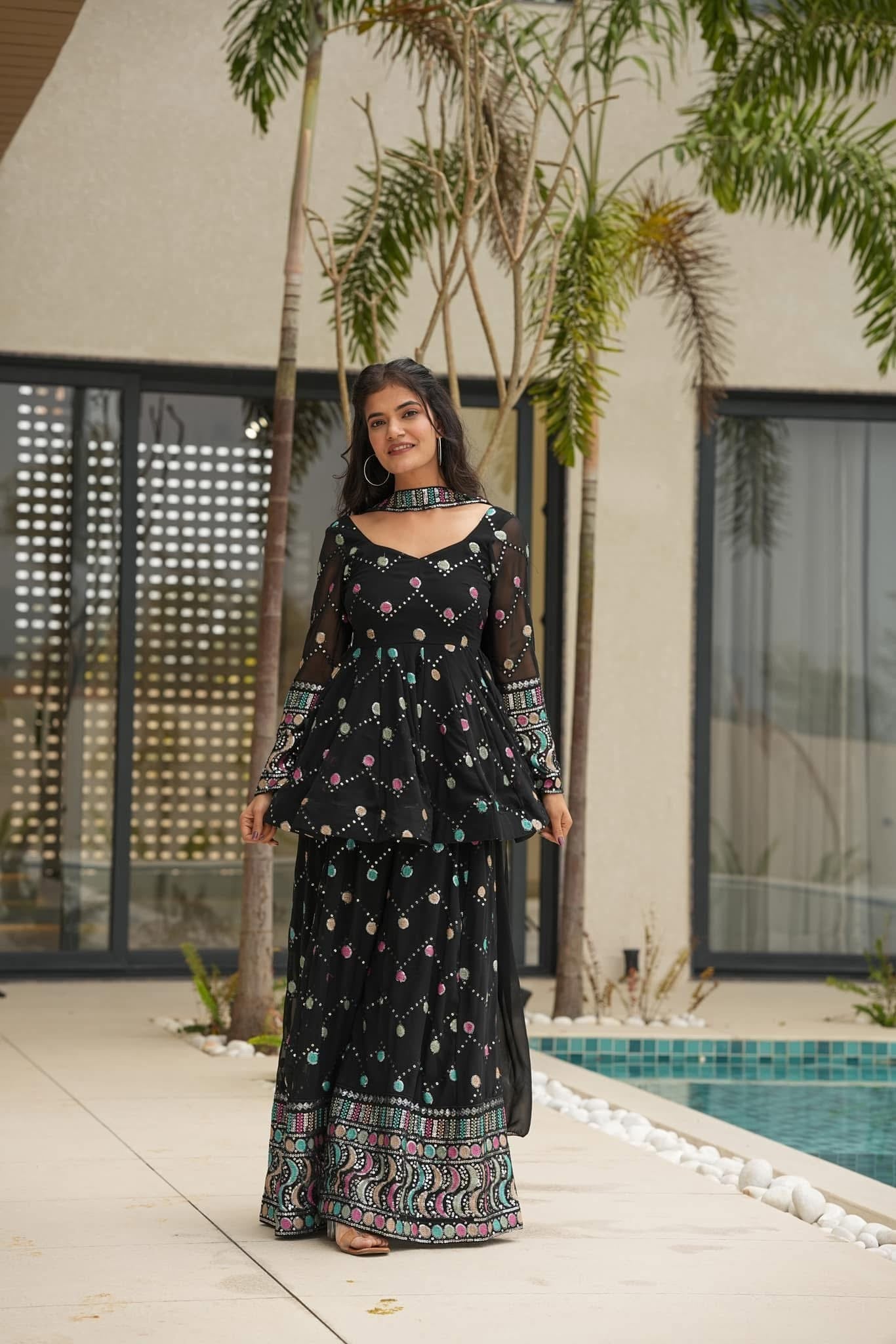 Yukta black georgette sharara set