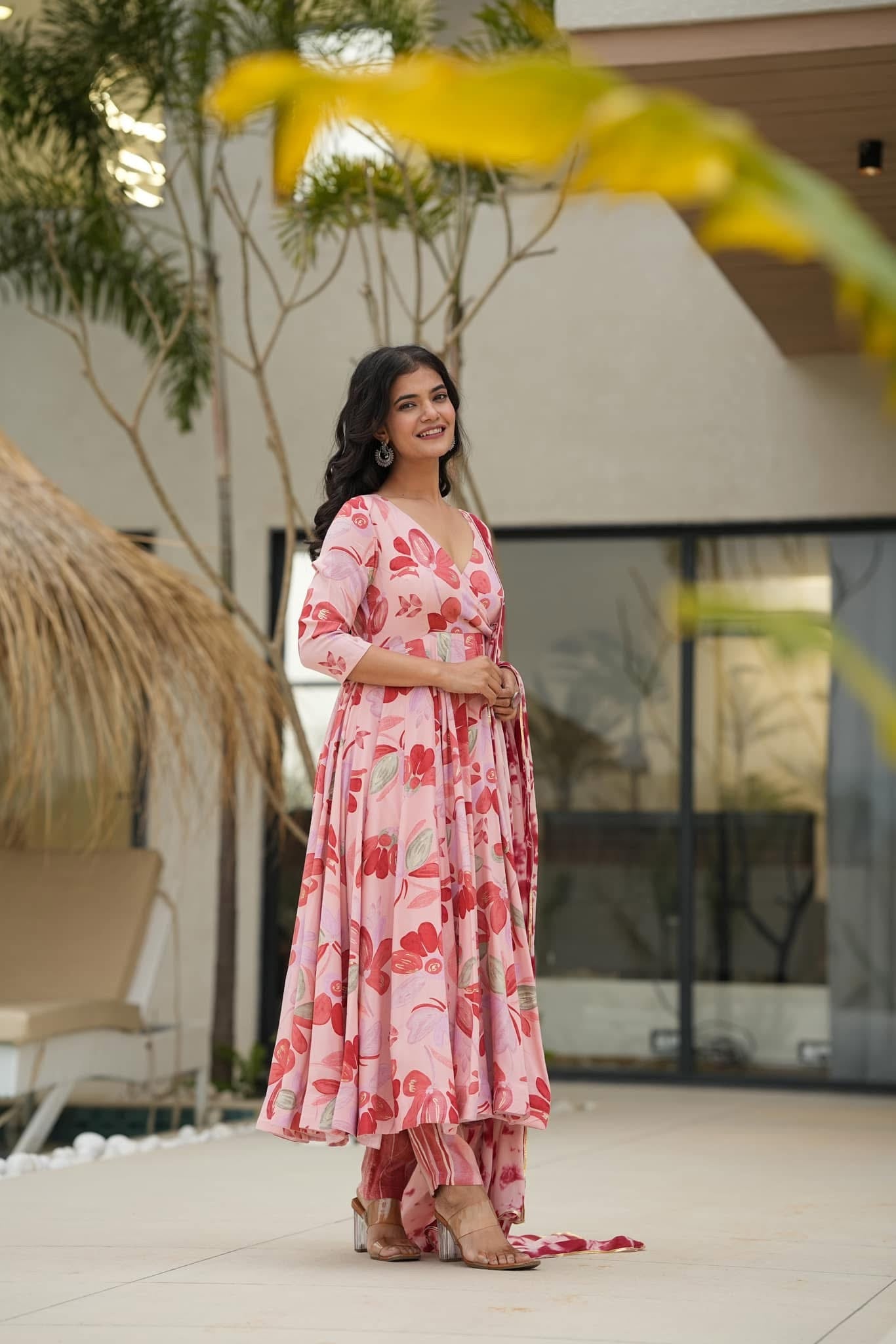 Vrinda floral pink suit set