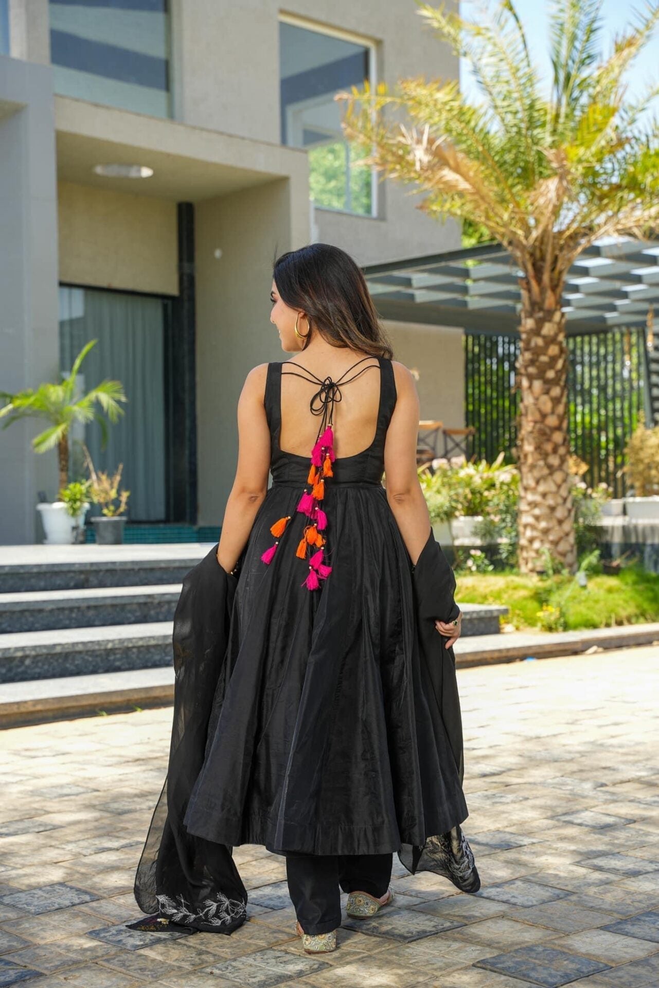 Embellished black chanderi suit set