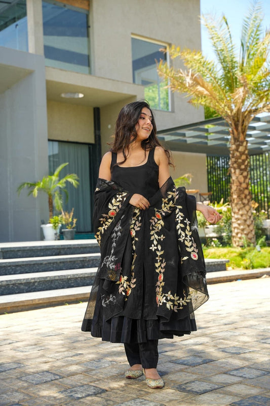 Embellished black chanderi suit set