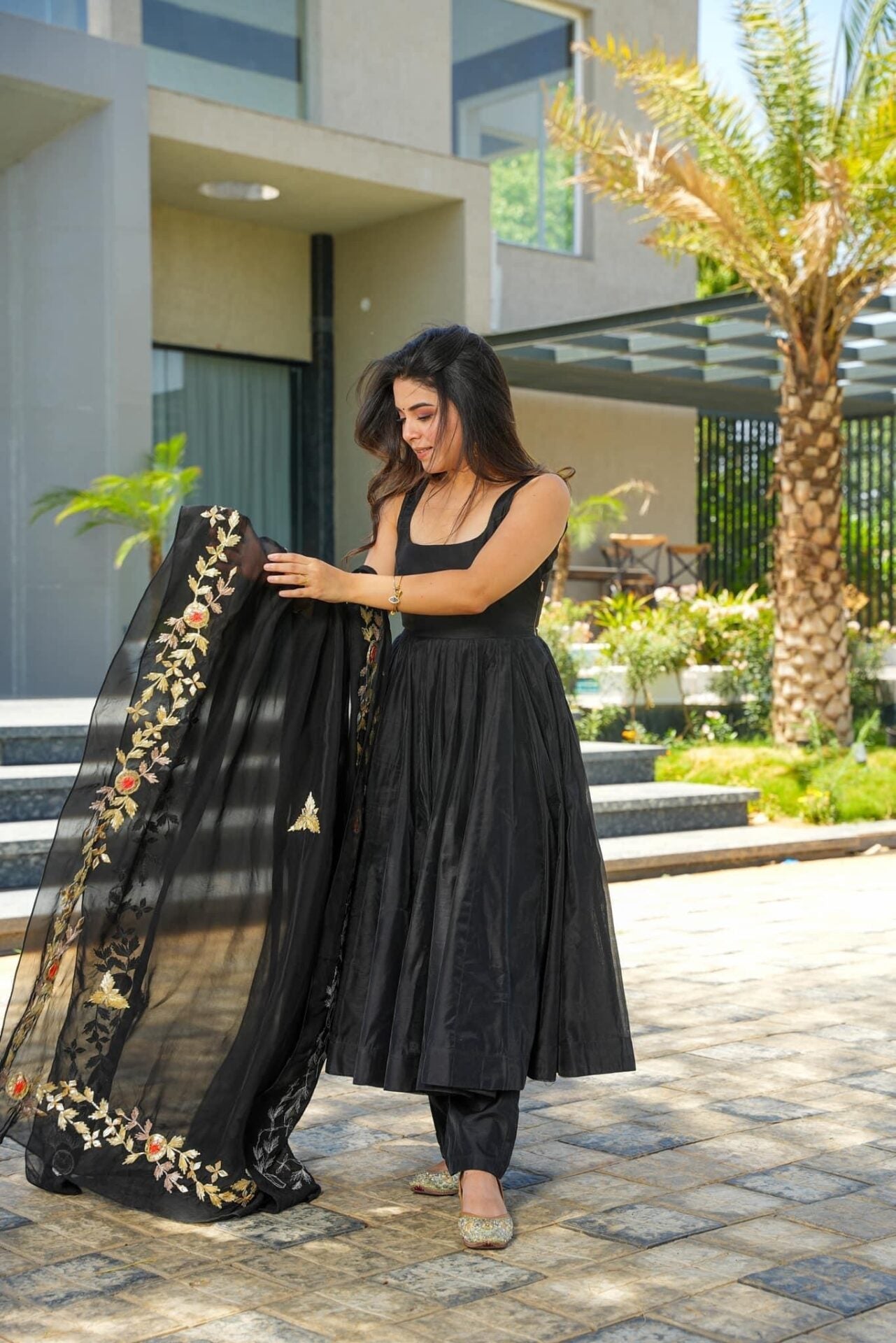 Embellished black chanderi suit set