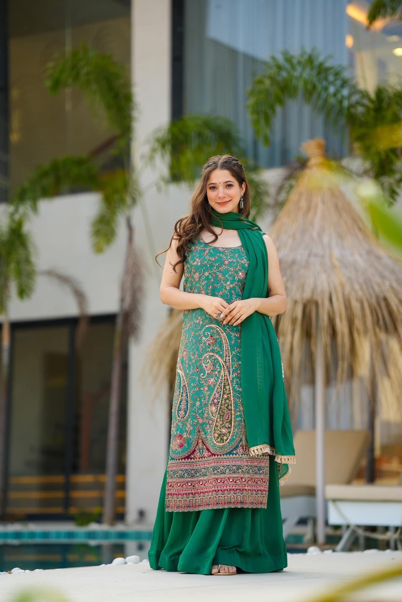 Samara green heavy embroidered suit