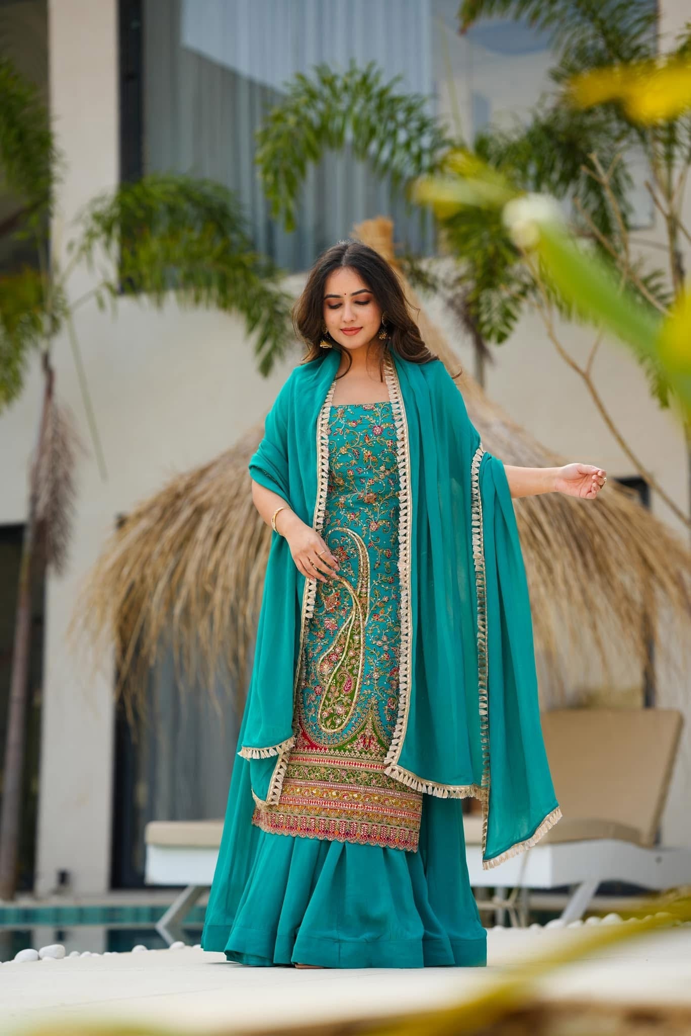 Electric lush heavy embroidered suit set