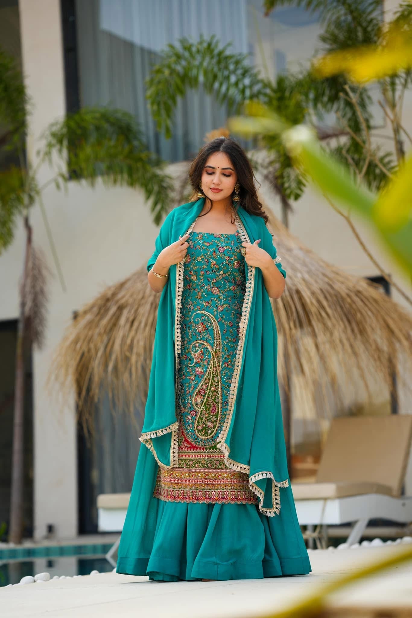 Electric lush heavy embroidered suit set