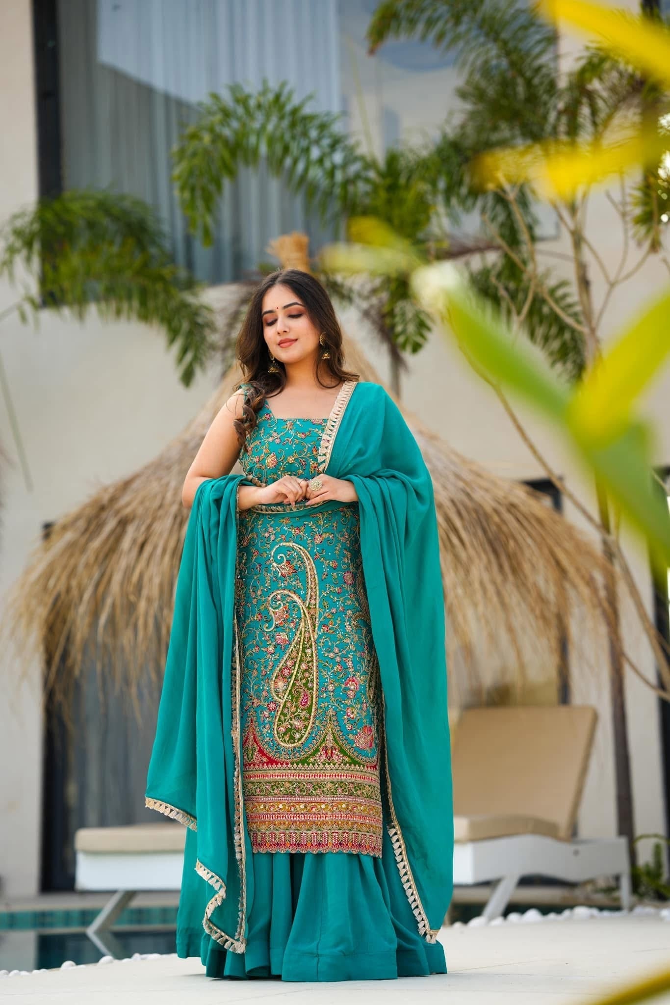 Electric lush heavy embroidered suit set