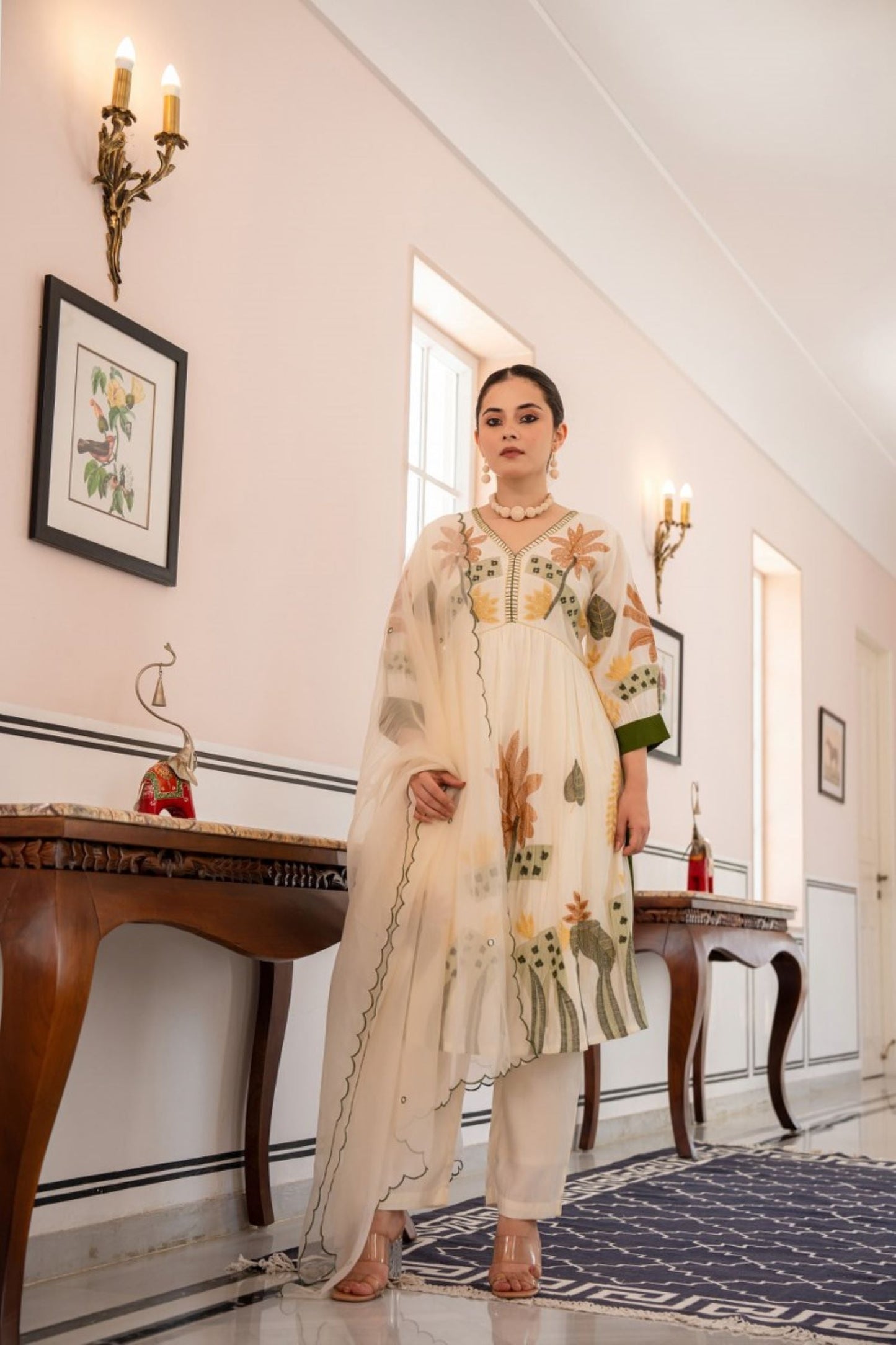 OFF-WHITE FLORAL EMBROIDERED STRAIGHT KURTA SUIT WITH DUPATTA