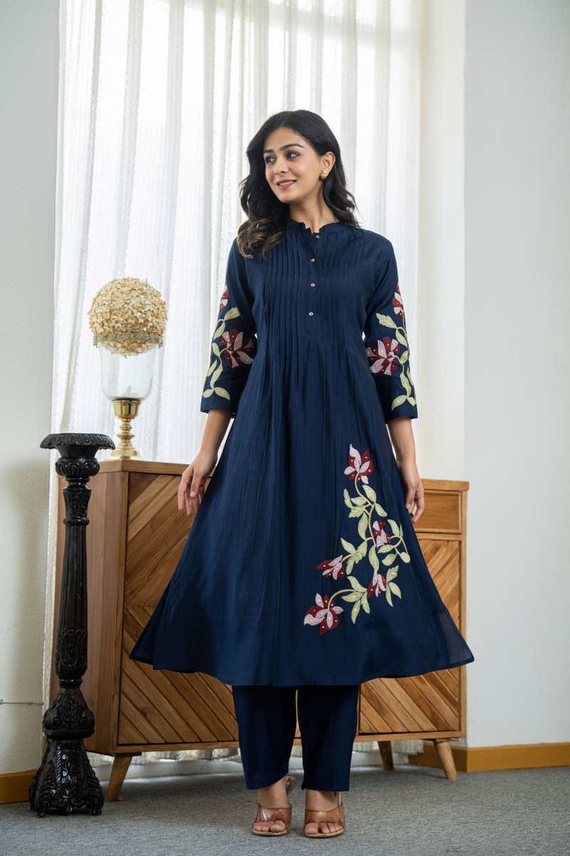 NAVY BLUE FLORAL EMBROIDERED MANDARIN COLLAR CO-ORD SET