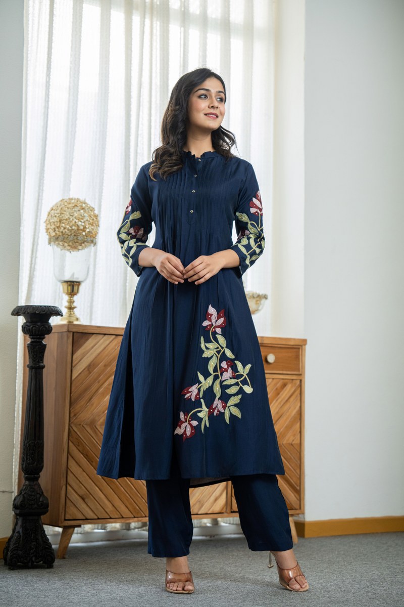 NAVY BLUE FLORAL EMBROIDERED MANDARIN COLLAR CO-ORD SET