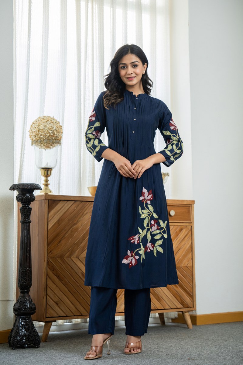 NAVY BLUE FLORAL EMBROIDERED MANDARIN COLLAR CO-ORD SET