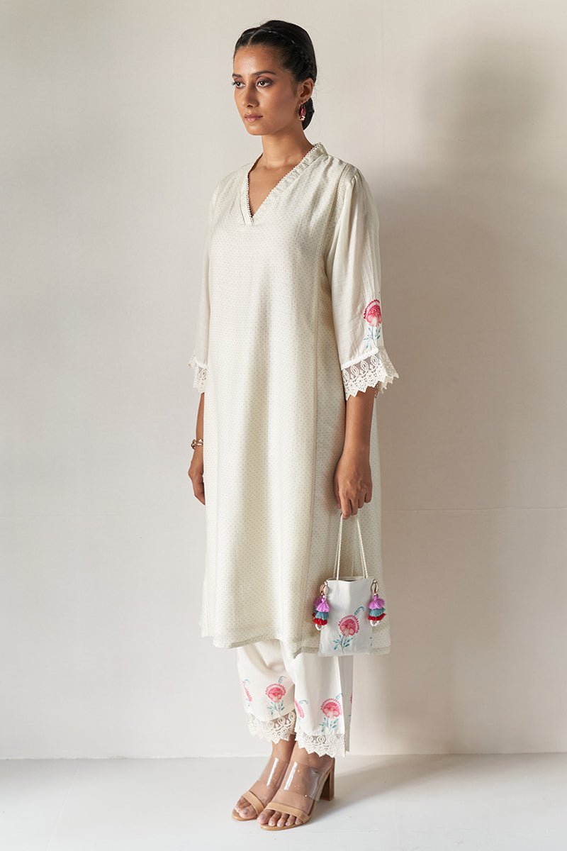 Ivory Polka Dot Moonga Silk Printed Kurta with Lace Detailing And Cotton Butta Printed Bottom