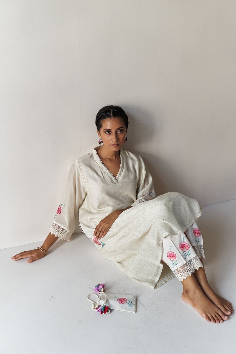 Ivory Polka Dot Moonga Silk Printed Kurta with Lace Detailing And Cotton Butta Printed Bottom