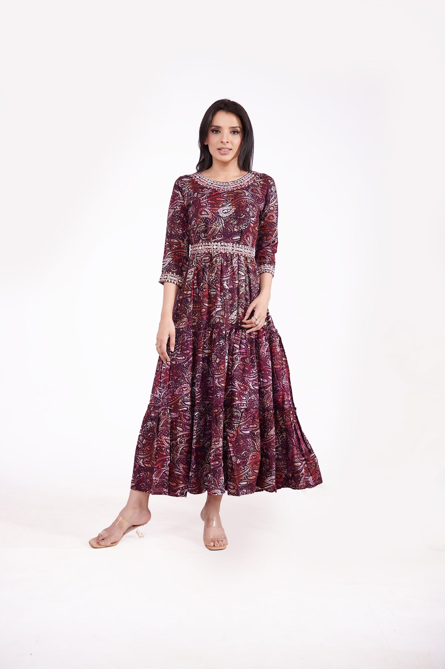 Rayon Pasley Printed Neck Embroidered Ethnic Dress