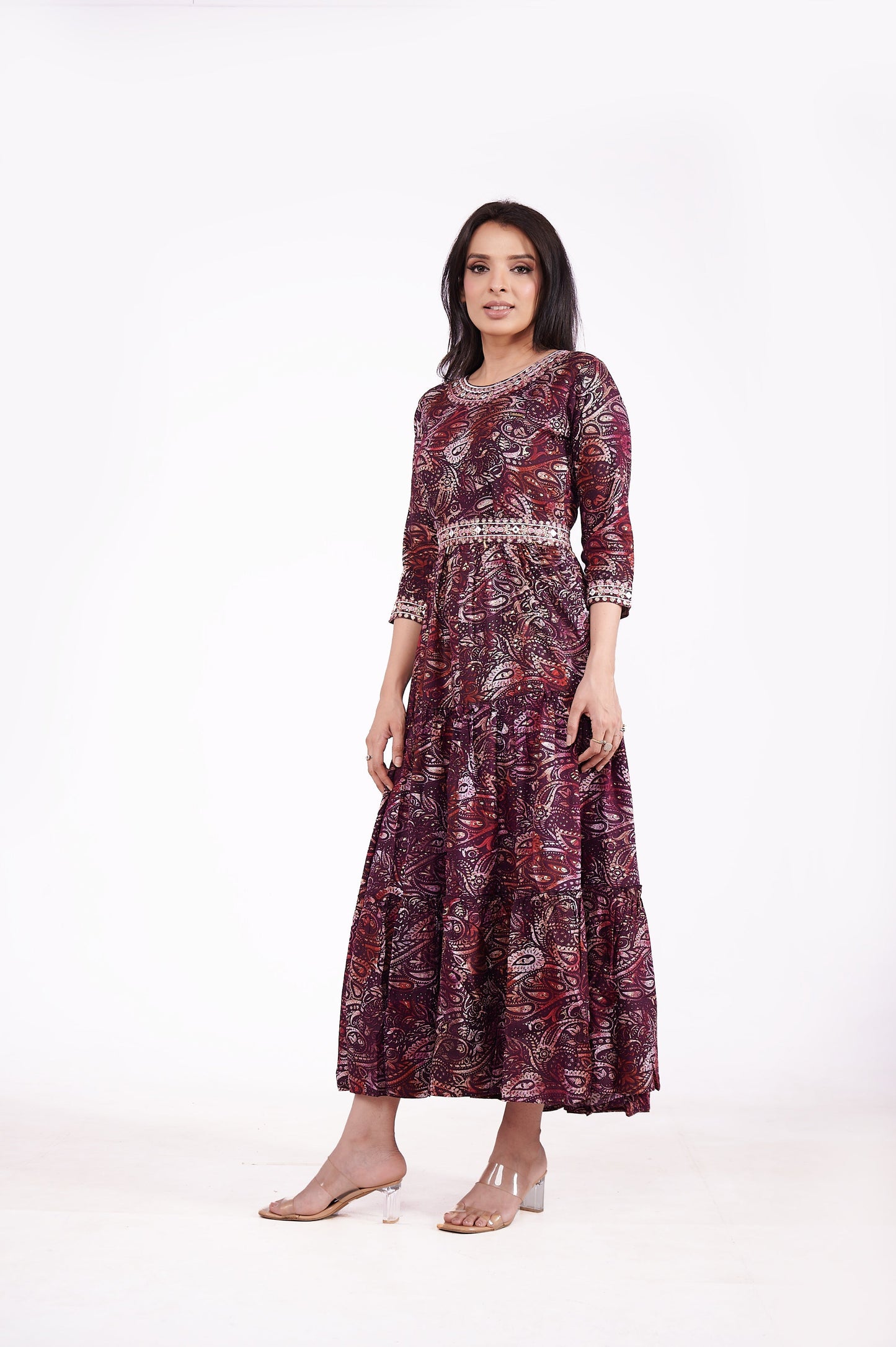 Rayon Pasley Printed Neck Embroidered Ethnic Dress