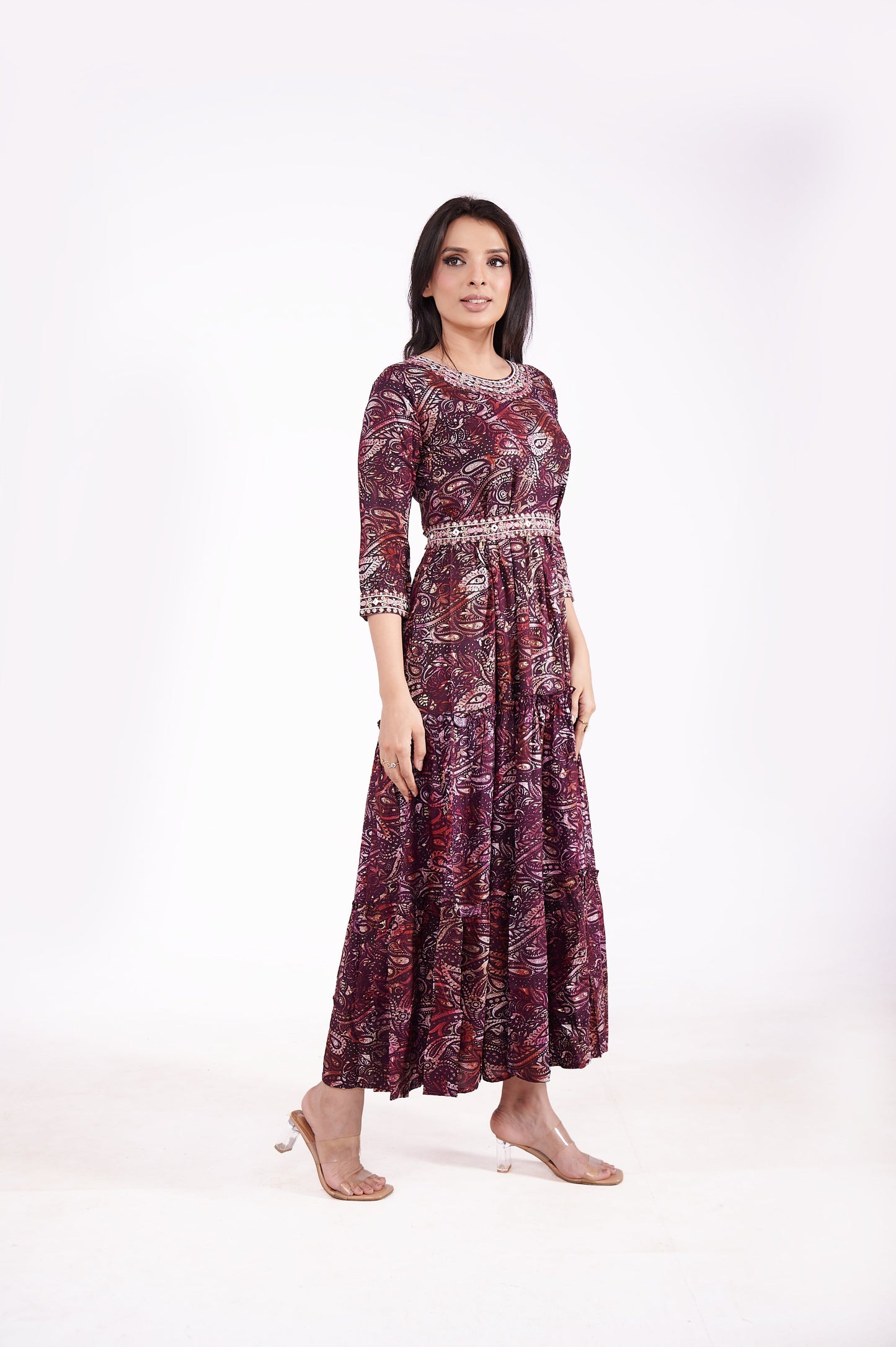 Rayon Pasley Printed Neck Embroidered Ethnic Dress